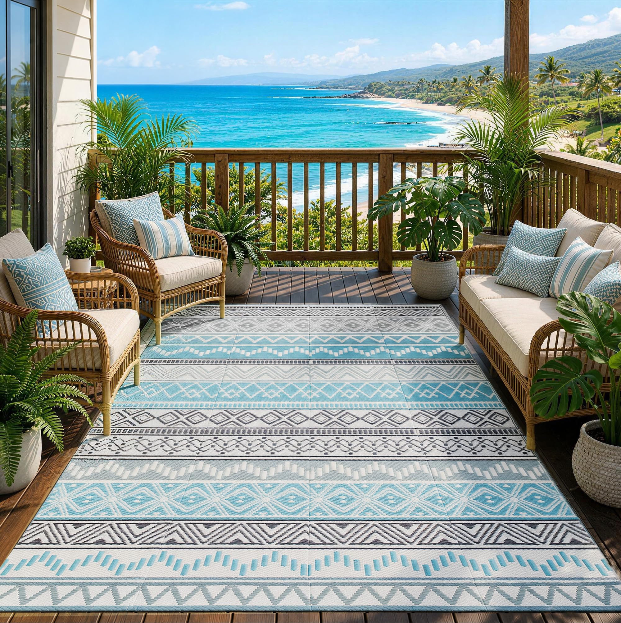Strickland Home blue and grey striped plastic outdoor rug