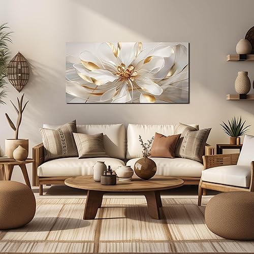 Miniatura 2 de Fowers - Arte de pared para dormitorio, decoración de pared blanca y dorada para sala de estar, impresión de arte floral, decoración de pared, 20 x