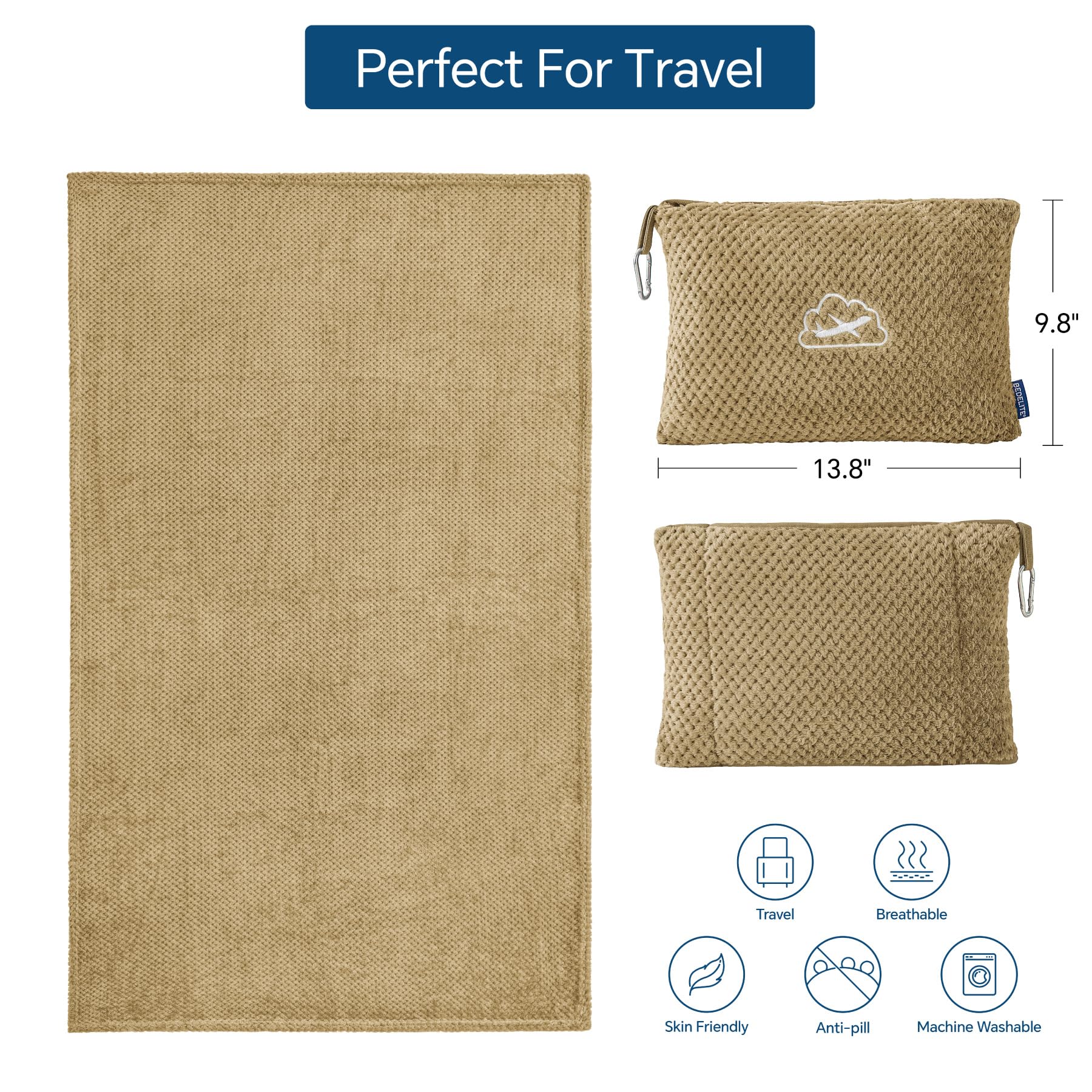 BEDELITE Travel Blanket with Bag, Jacquard Fleece Blanket 65"x40", Camel view 3