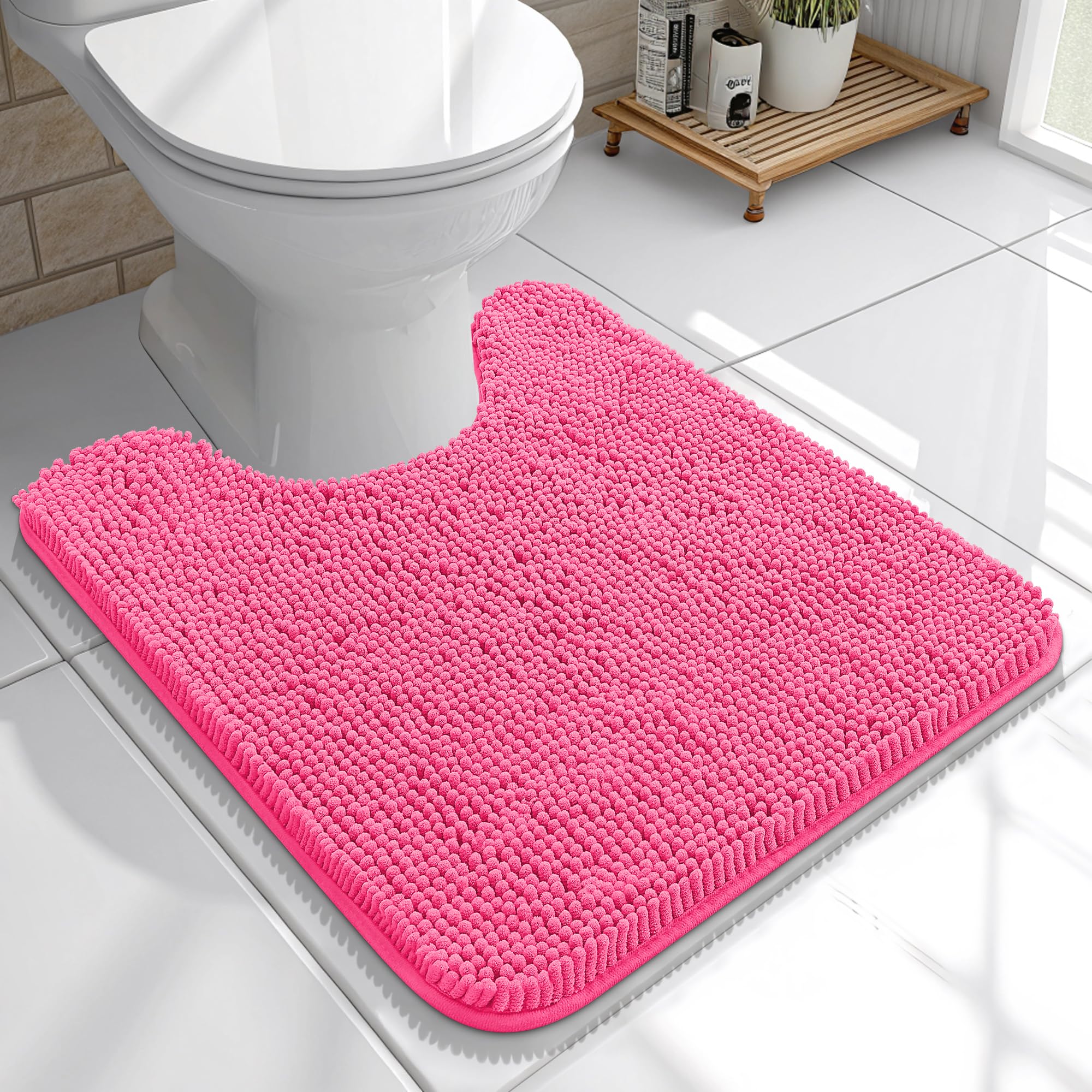 OLANLY Toilet Rugs U-Shaped 20x20, Soft Absorbent Chenille Contour Rugs | Hot Pink, Quick-Drying Rubber Backing, Machine Washable Non-Slip Shaggy Bathroom Mat for Toilet, Home Decor Accessories