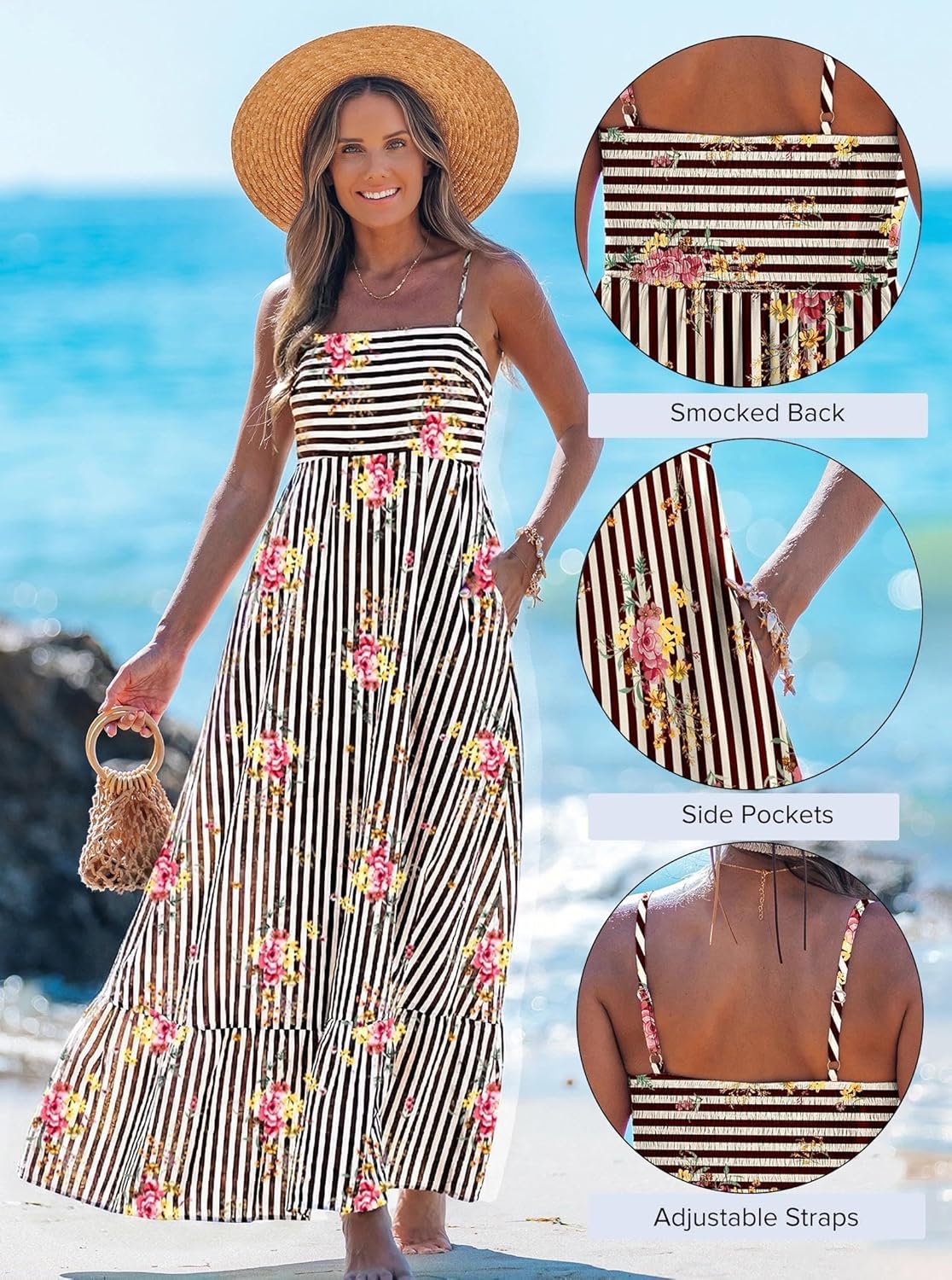 popvil Women Maxi Dress 2026 Spring Spaghetti Strap Summer Long Boho A-Line Flowy Dress Casual Sleeveless Sun Beach Dress - Image 4