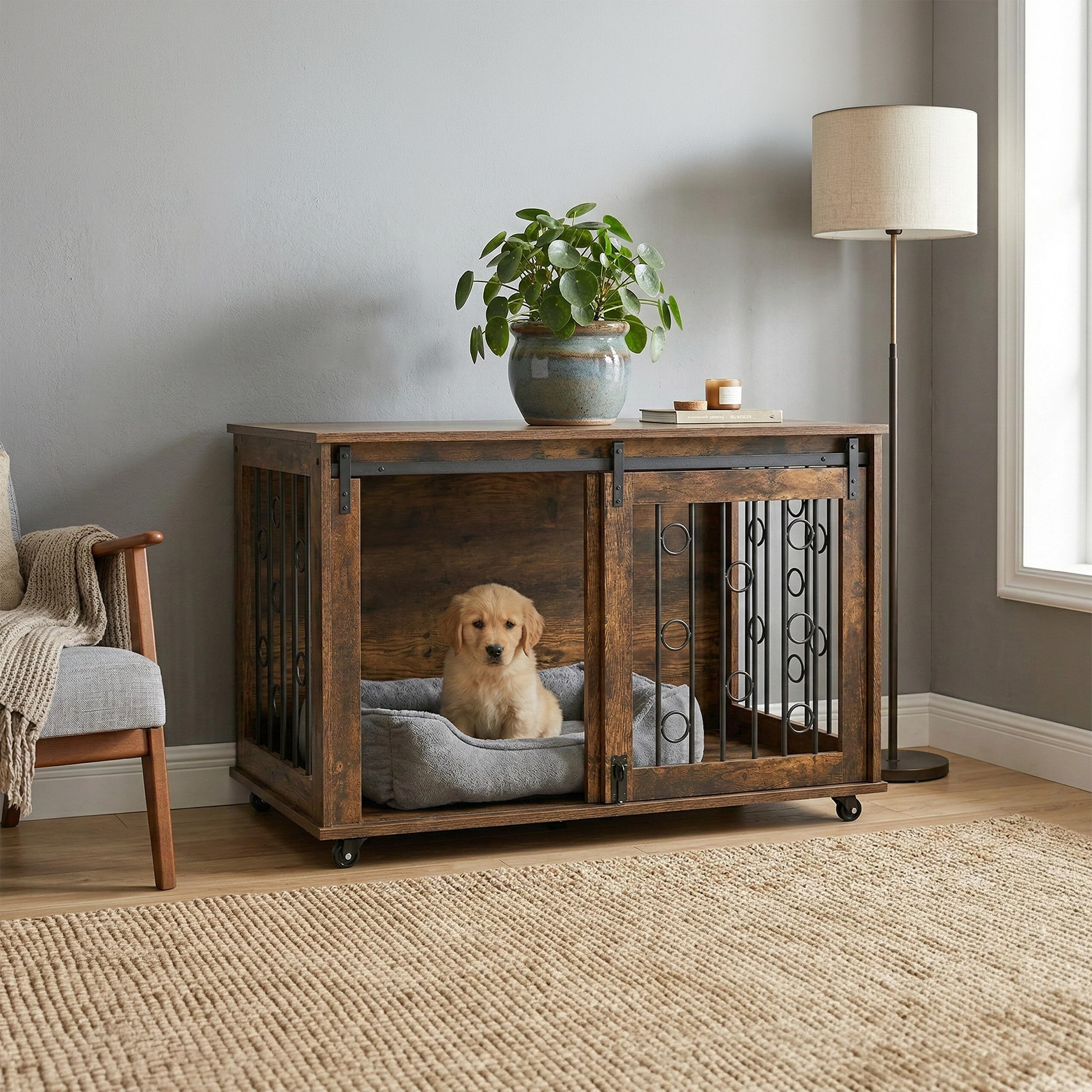 Relaxdays Jaula para Perros con Estante y Ruedas, Puertas, 64x100x59 cm, marrón/Negro