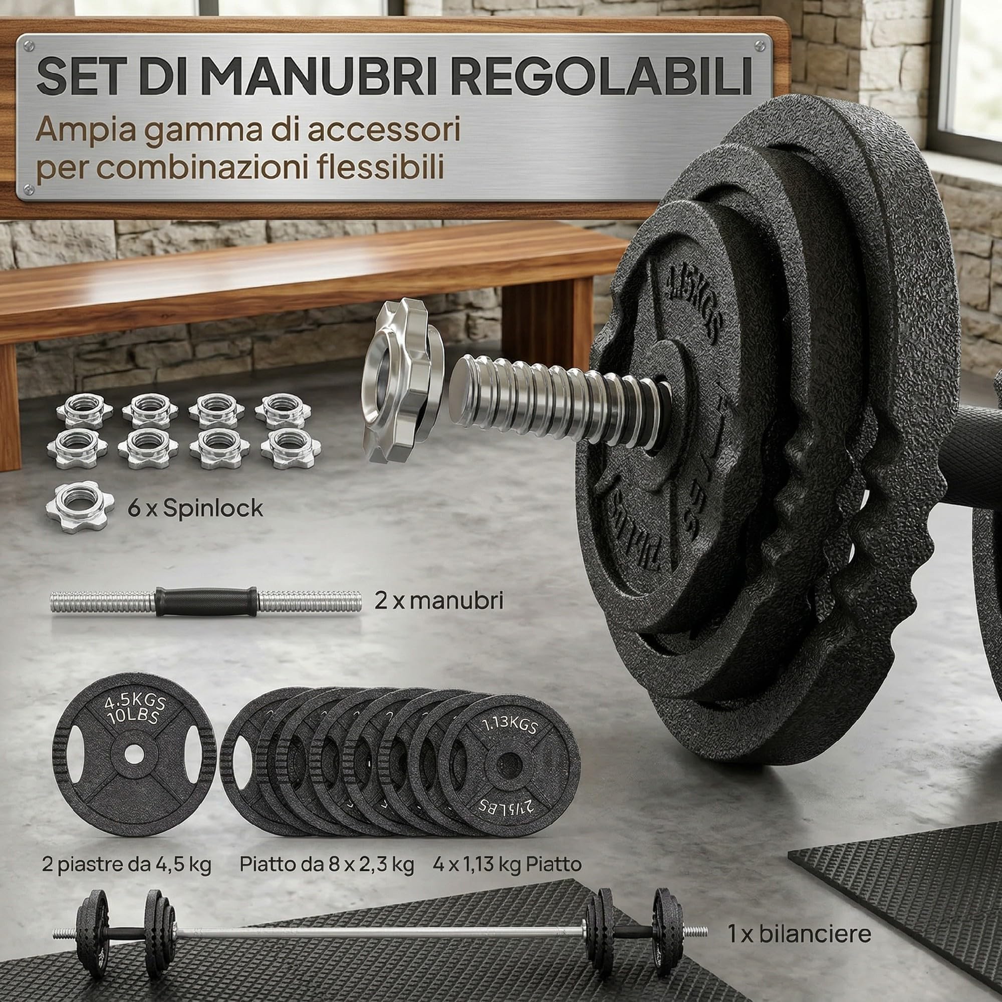 SPORTNOW Set Pesi Palestra 2 in 1 da 42kg in Acciaio Regolabile, Set Manubri Regolabili con Impugnatura Antiscivolo, Bilanciere Palestra e 2 Manubri per Allenamento Fitness in Casa, Nero