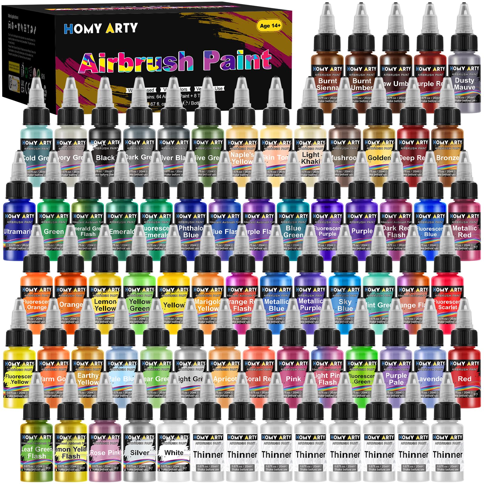 HOMY ARTY Airbrush Paint - 64 Colors with 8 Thinner, with Model Painting Colors & Skin Tone, Ready to Spray Water-Based Acrylic Air Brush Paint for Metal, Plastic Models, Canvas, 20ml/Bottle