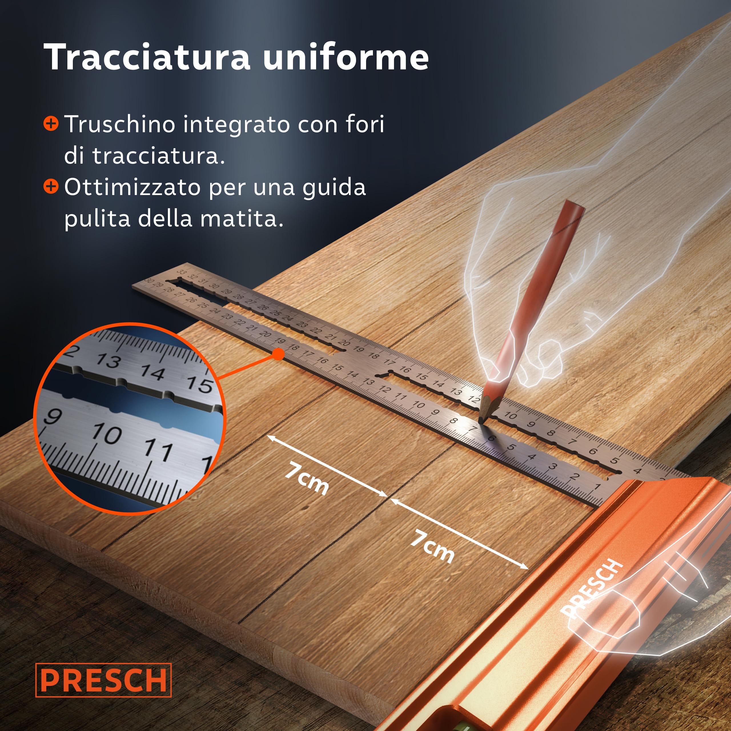 Presch Squadra da 300 mm 90° 45° con bolla di livello e indicatore di marcatura antiruggine