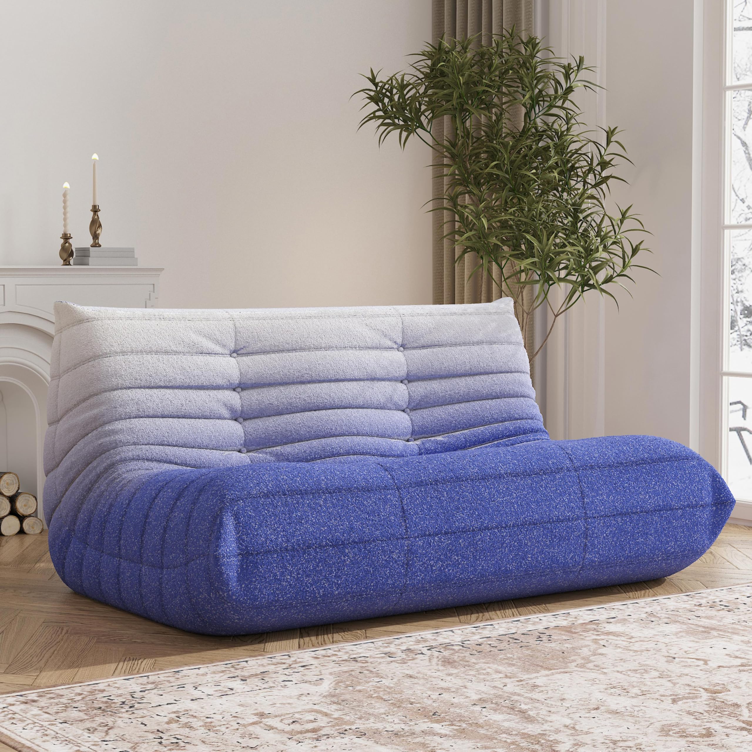 Bean Bag Chair, Loveseat Fireside Chair Bean Bag Sofa Large Bean Bag Chair for Adults, 2 Seater Bean Bag Chairs for Teens with High Density Comfortable Foam, Bean Bag for Living Room (Blue&White)