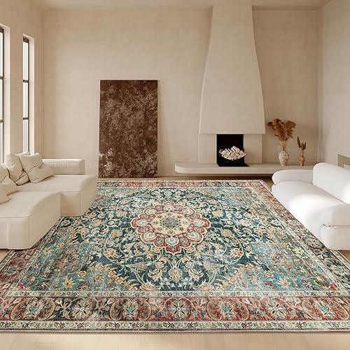 HOMBYS Alfombra vintage de 8 x 10 pies para sala de estar o dormitorio, alfombra bohemia grande con respaldo antideslizante para interiores,