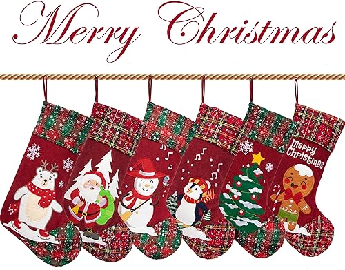 Miniatura 7 de LUBOT Paquete de 3 medias de Navidad personalizadas (21 pulgadas), apliques de lino, arpillera, chimenea, adorno de Navidad para decoración