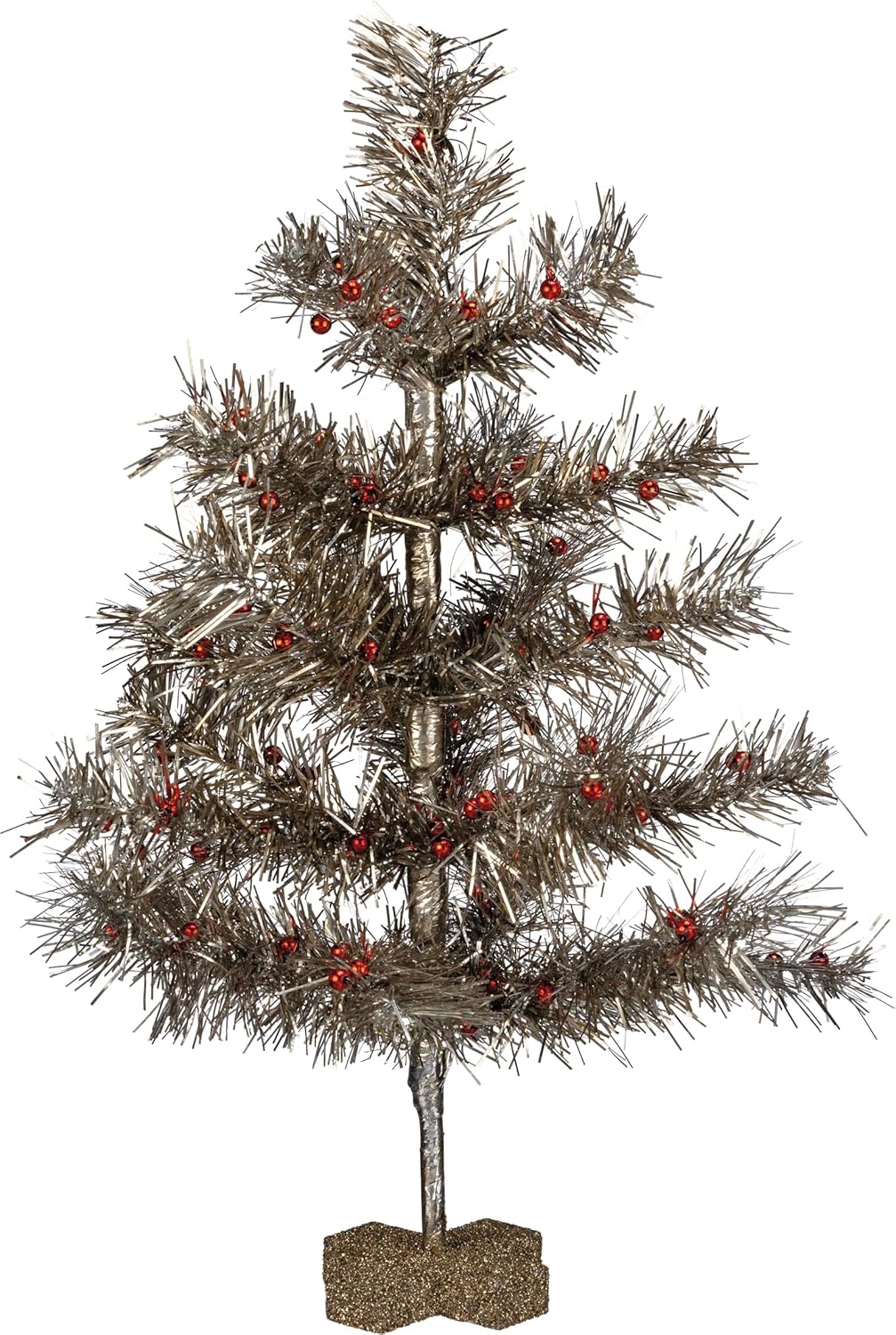 Primitives by Kathy Festive Artificial Silver Tinsel & Red Ornaments Christmas Tree 14 Inch x 18 Inch