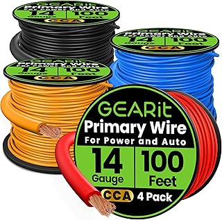 GEARit 14 Gauge Wire (100ft Each- Black/Red/Blue/Yellow) Copper Clad Aluminum CCA - Primary Automotive Power/Ground Battery Cable, Car Audio, Trailer Harness, Electrical - 400 Feet Total 14ga AWG Wire