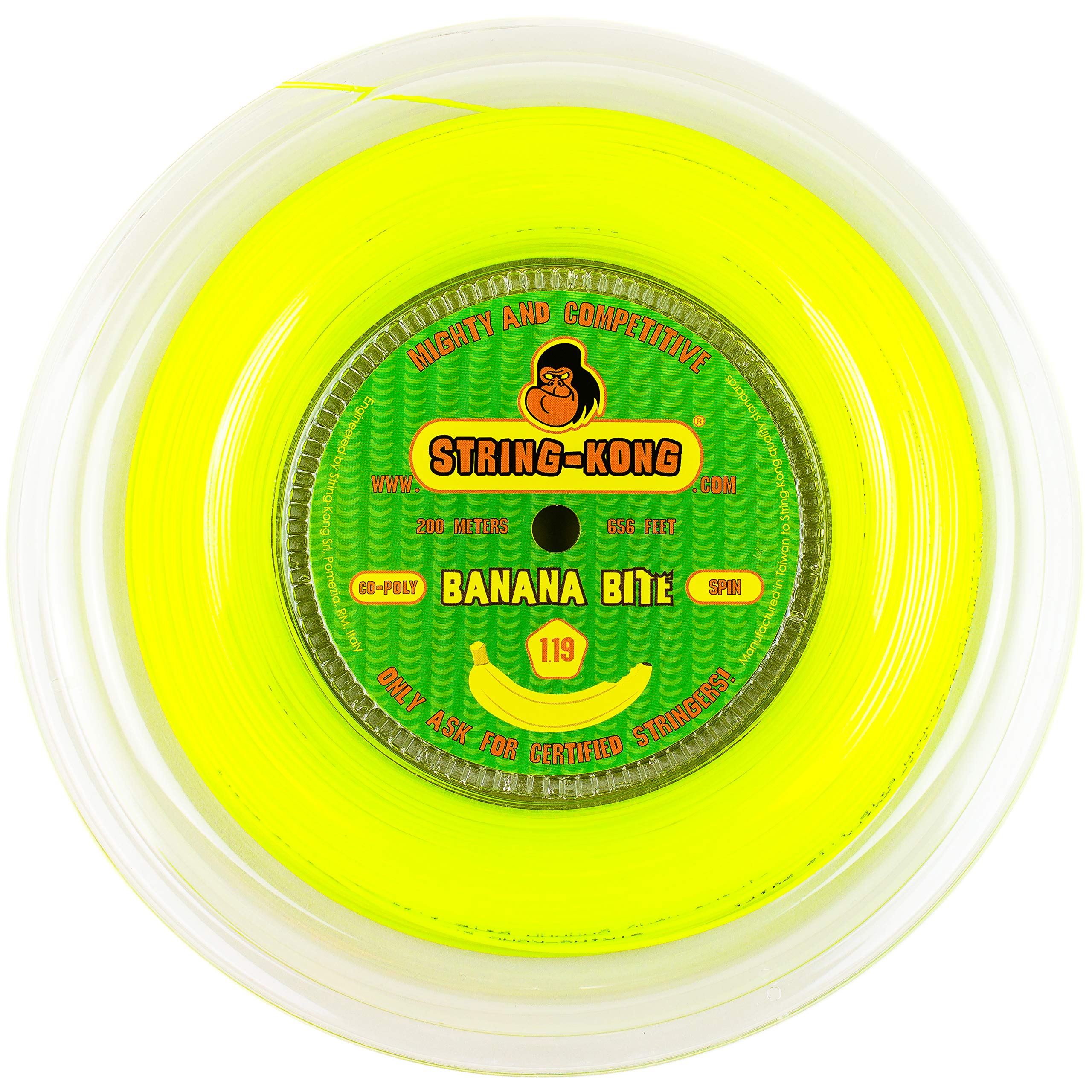 Banana Bite - Corda da Tennis dallo Spin Pazzesco in Monofilamento Co-Poly a Sezione Pentagonale. Matassa da 200m, Colore: Giallo Fluo, Disp. nei Calibri 1.19mm, 1.25mm e 1.30mm