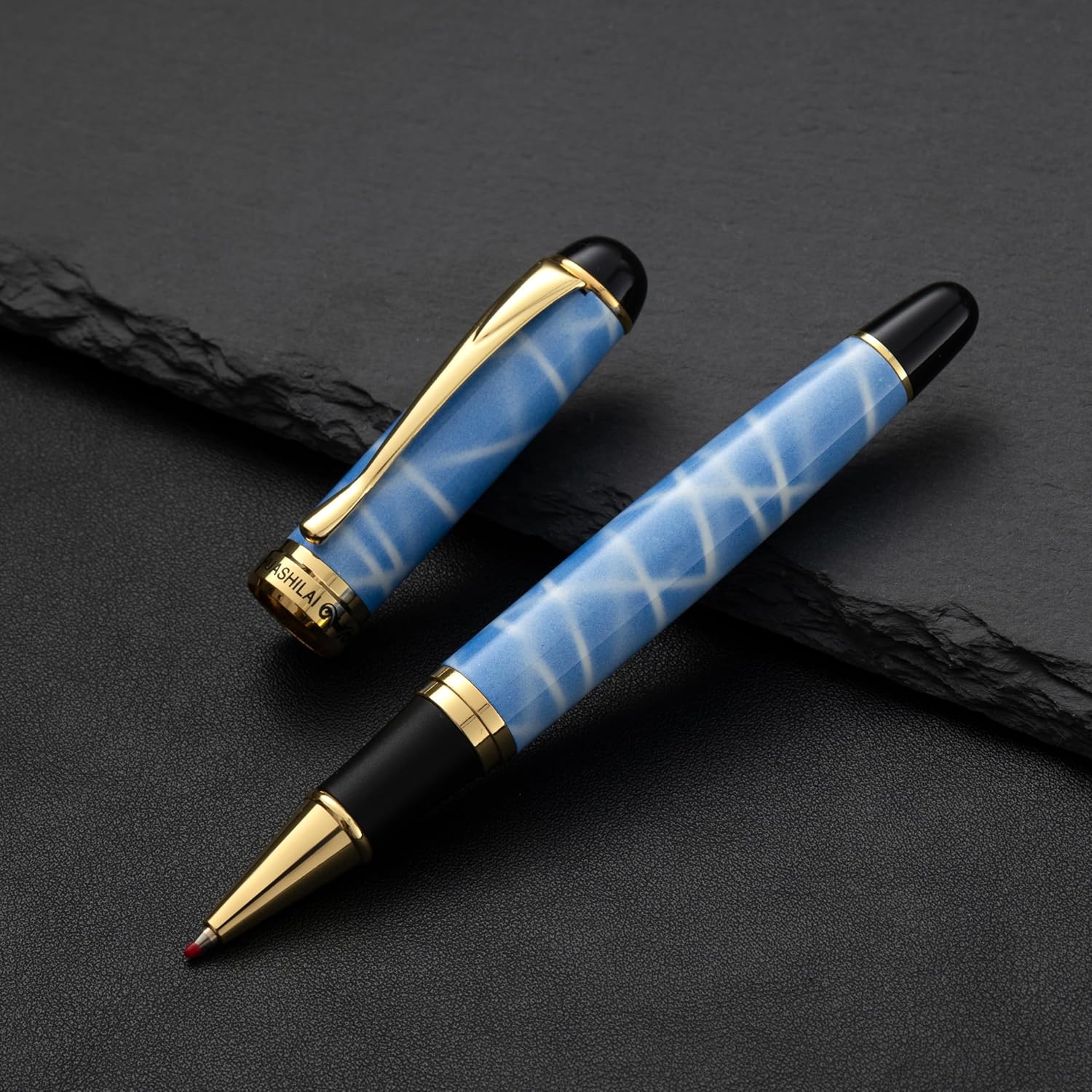 Luxury Metal Rollerball Pen Set – Stainless Steel Barrel, Cool Fine Point Pen with Gift Box & 2 Extra Refills – Premium Business & Signature Pens for Men & Women (Sky Blue)