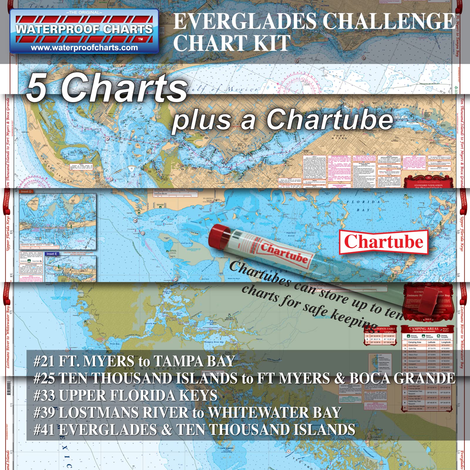 Everglades Challenge Chart Kit, 5 Standard Navigation Charts, Florida Boating, Easy-to-Read, Large Print, Waterproof Paper, Tear Resistant, Printed on two sides, 2 charts in 1, NOAA Charts