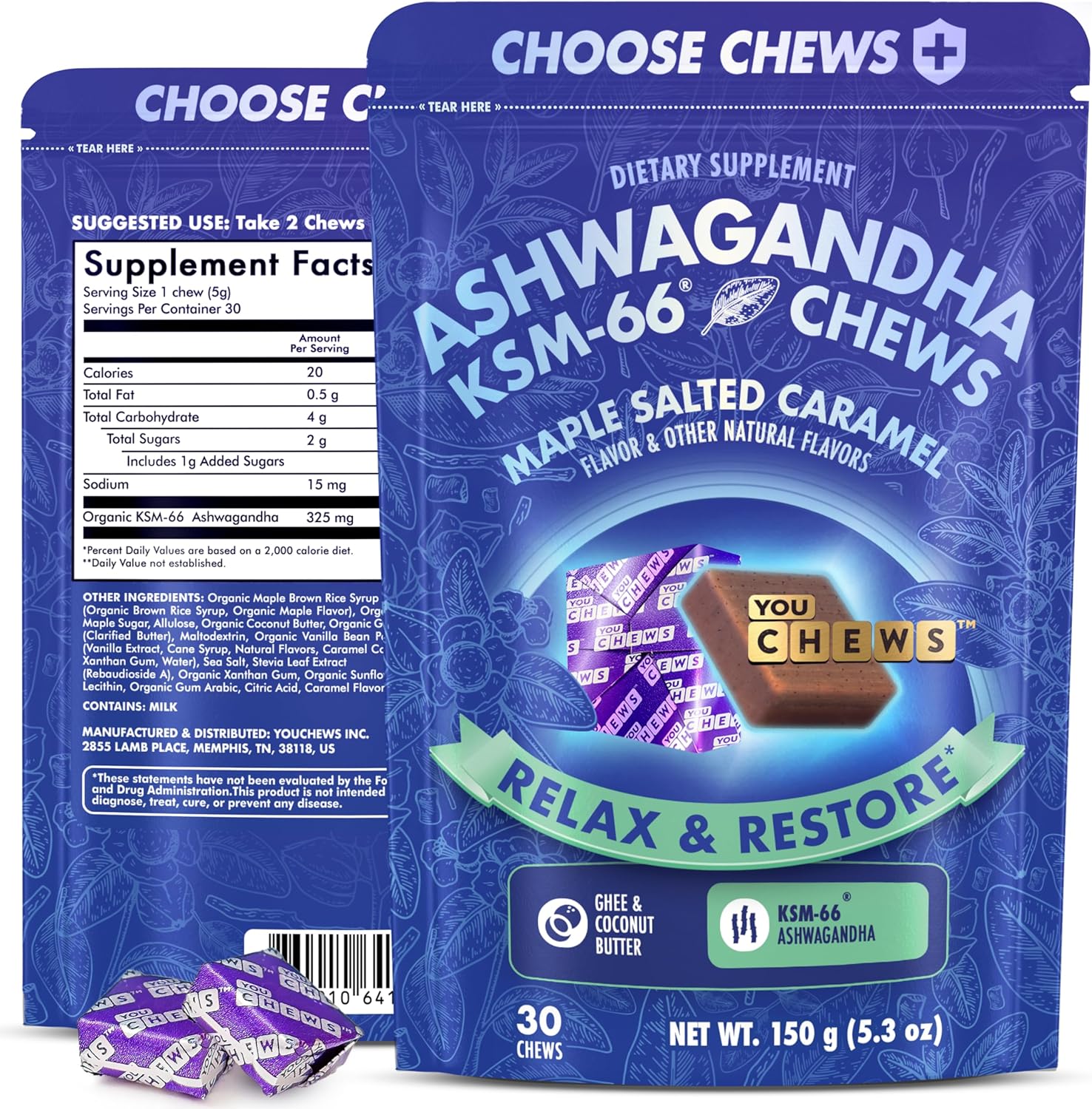 Ashwagandha KSM-66 Chews for Stress Relief & Mood Support, Organic Ashwagandha Gummies KSM 66 Alternative, Mood Support, Maple Salted Caramel Flavor, 30 Count - Image 2