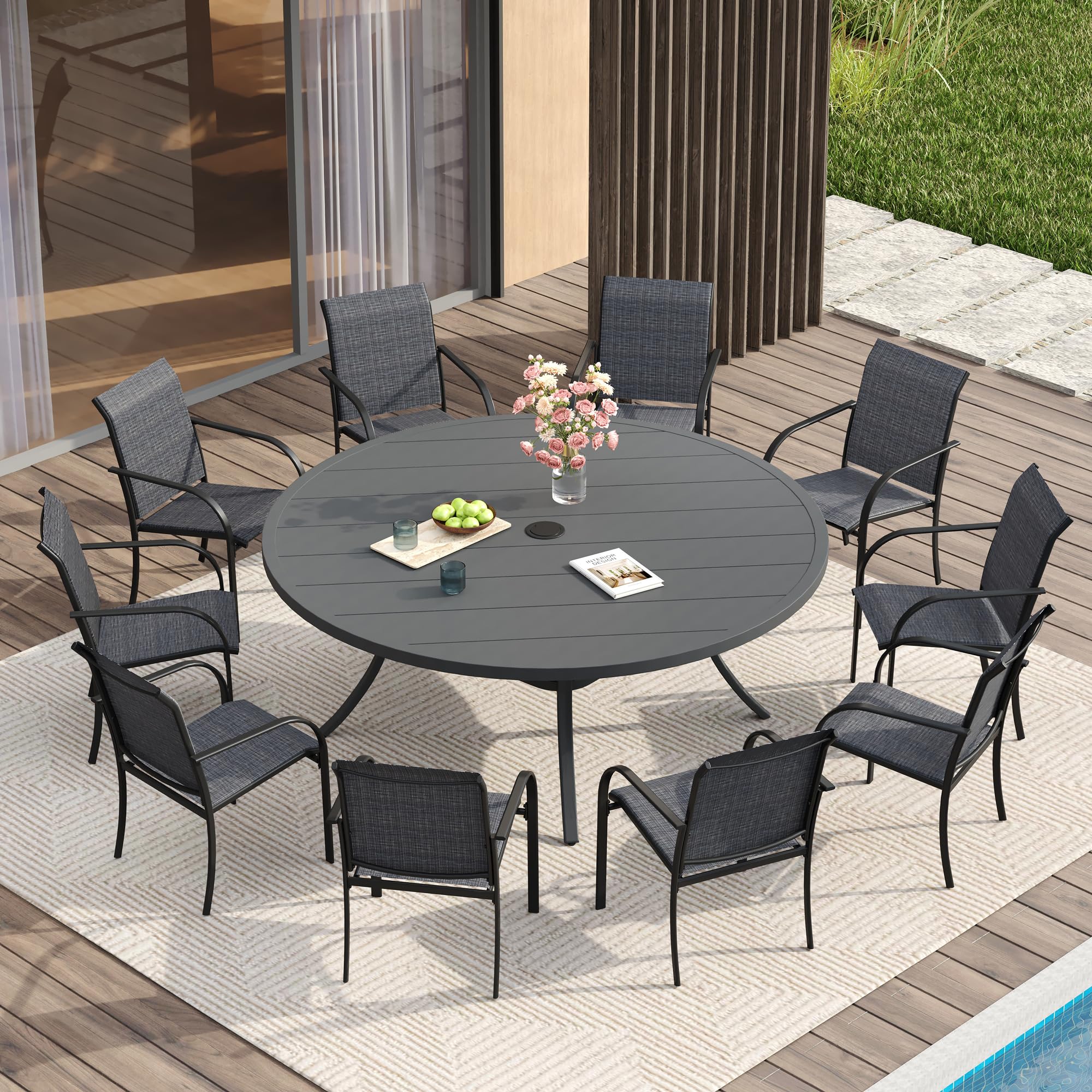 VICLLAX 11 Pieces Patio Dining Set for 10, Outdoor Furniture Set Includes 60" Round Outdoor Table and 10 Lawn Stackable Chairs, Grey Tabletop and Dark Grey Fabric
