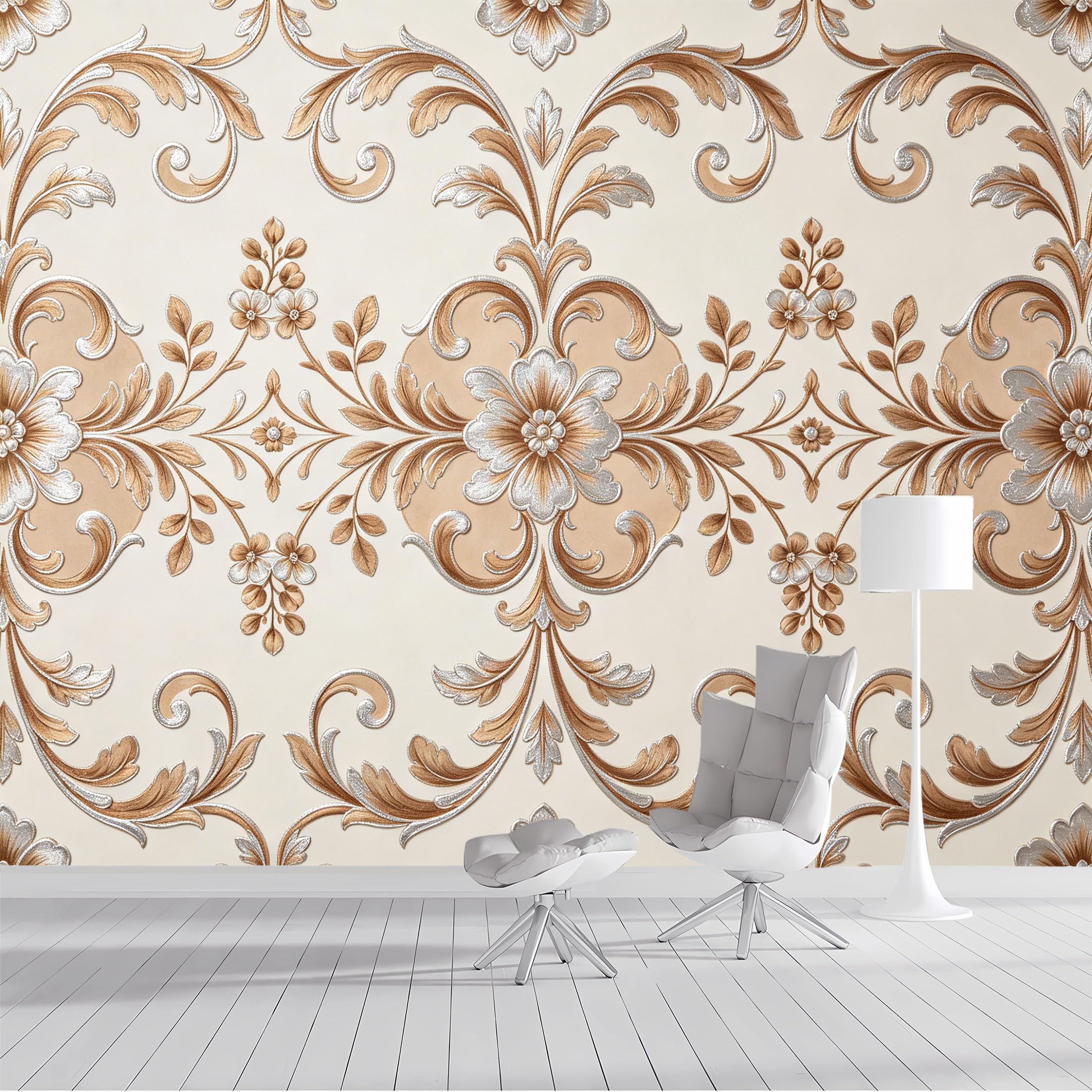 Custom Size Wall Mural Baroque Floral Scrollwork Gold Silver French Country Style SelfAdhesive Wall Fabric Removable Peel and Stick Wallpaper Wall Decor for Living Room Bedroom Bathroom