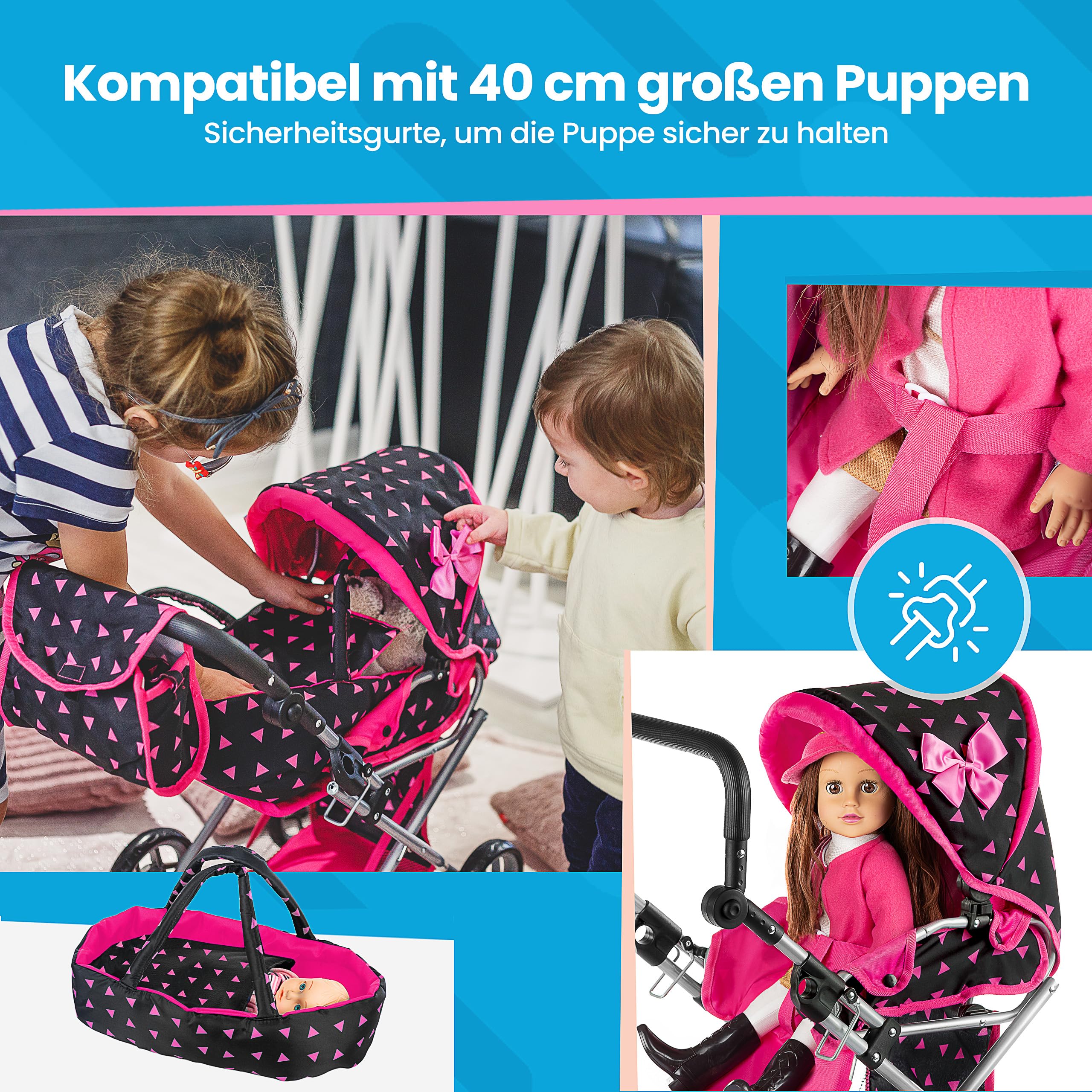 Kinderplay Puppenwagen ab 1 2 3 Jahre Kinderwagen Spielzeug - 3 in 1, Puppenwagen mit Herausnehmbarer Tragetasche und Umhängetasche, Höhenverstellbar 36.5 cm bis 64 cm, KP0200R