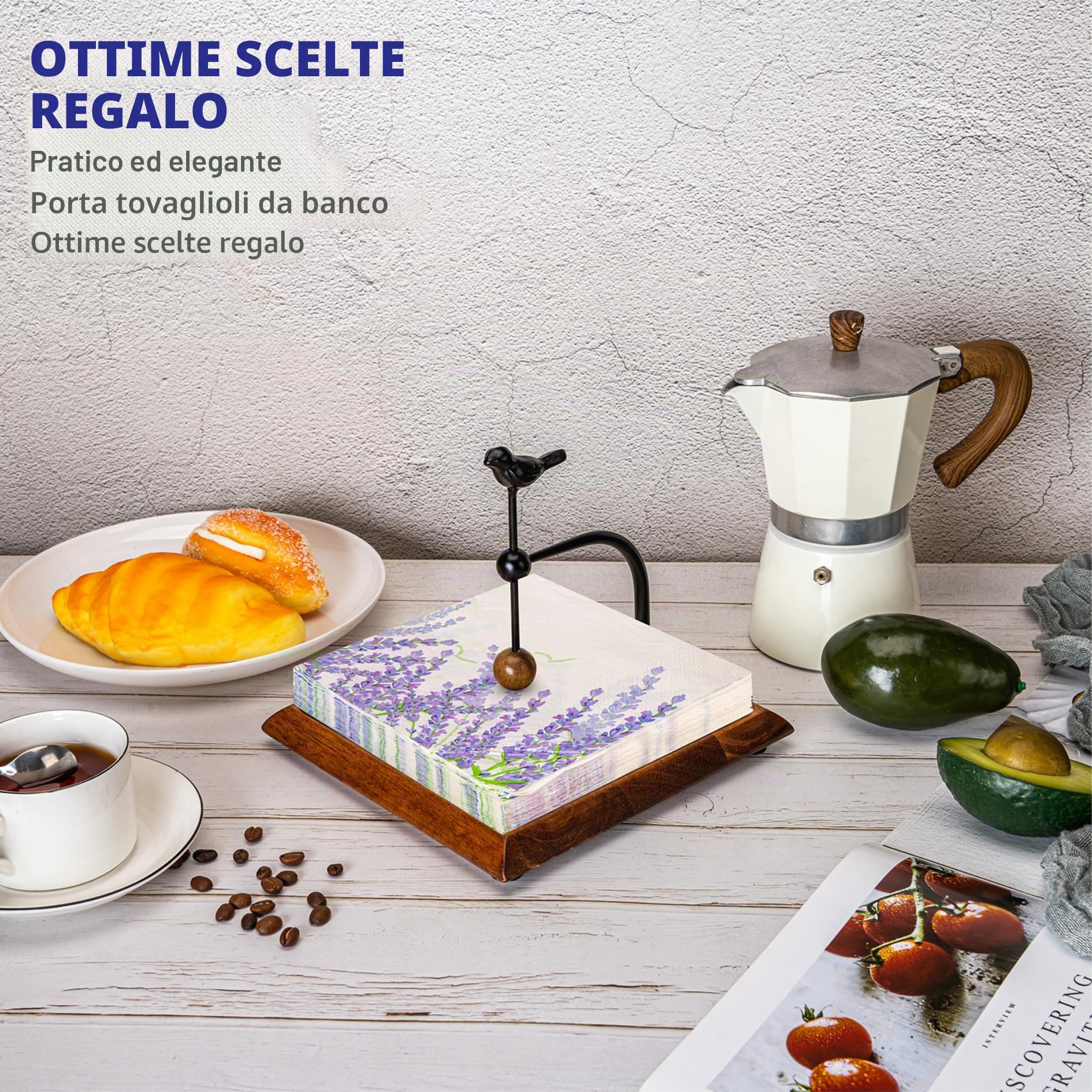 Portaservietta in legno con manico a forma di uccello, Elegante portaservietta piatto con braccio pesato per serviette di carta, serviettes da cocktail – Perfetto per cucina, tavolo da pranzo, caffè