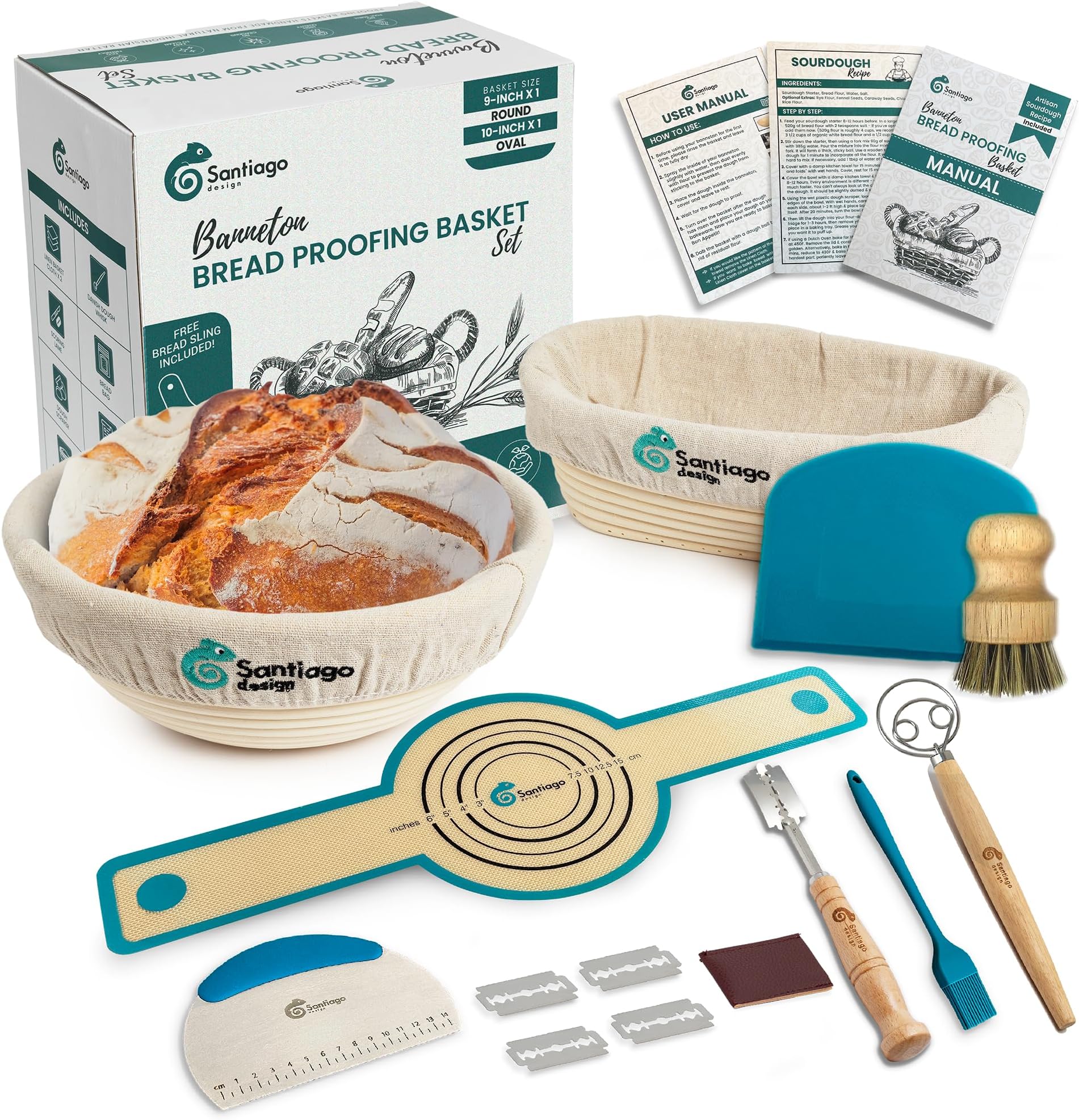 Banneton Bread Proofing Basket Set, 9 Inch Round & 10 Inch Oval Banneton Basket & Sourdough Bread Baking Supplies, with Danish Dough Whisk, Silicone Bread Sling, Linen Liner, Bread Lame, Bowl Scraper