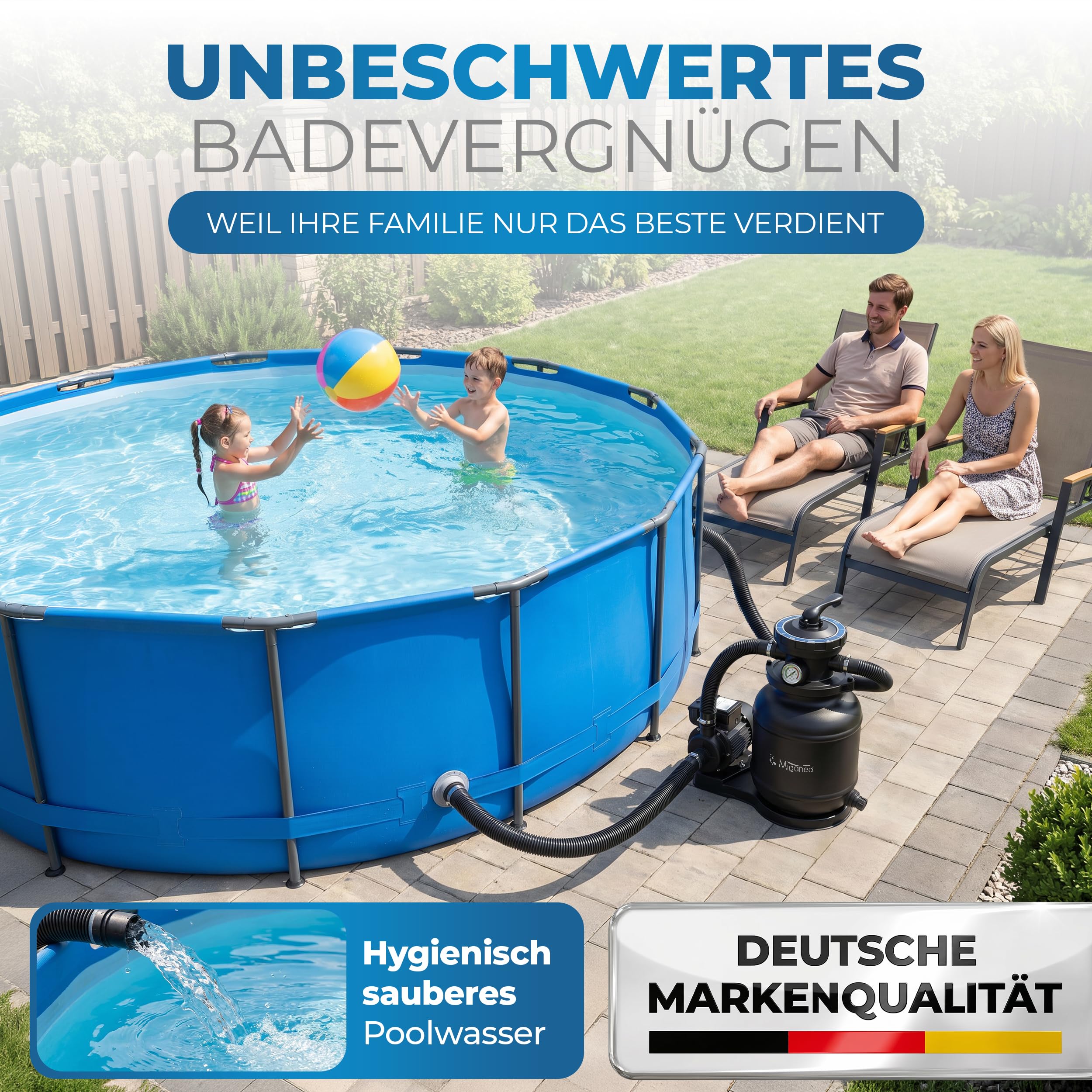 Miganeo Sandfilteranlage Speed Clean Dynamic 6500 Schwarz | Filteranlage für Pools bis 19.000 Liter | Poolpumpe mit 4.500 l/h Pumpenleistung und 3.900 l/h Filterleistung | stromsparende 200 Watt