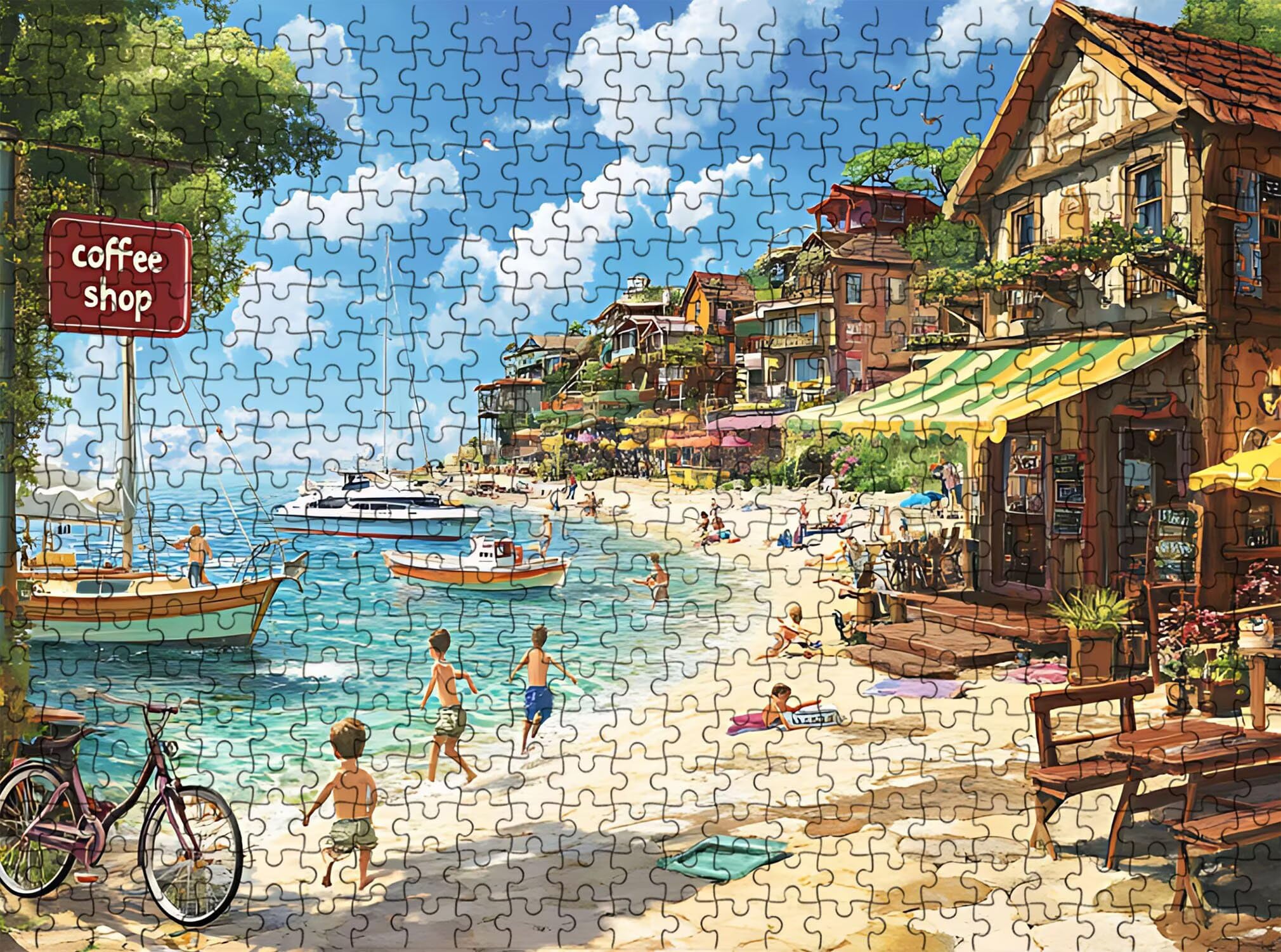 spiaggia piccola città Puzzle 1500 Pezzi per Adulti, Puzzle in Legno - Collezione Classica con Poster Incluso - Sfida di Concentrazione e Passatempo Antistress, Gioco per Famiglia, 87 x 57 cm f0-264