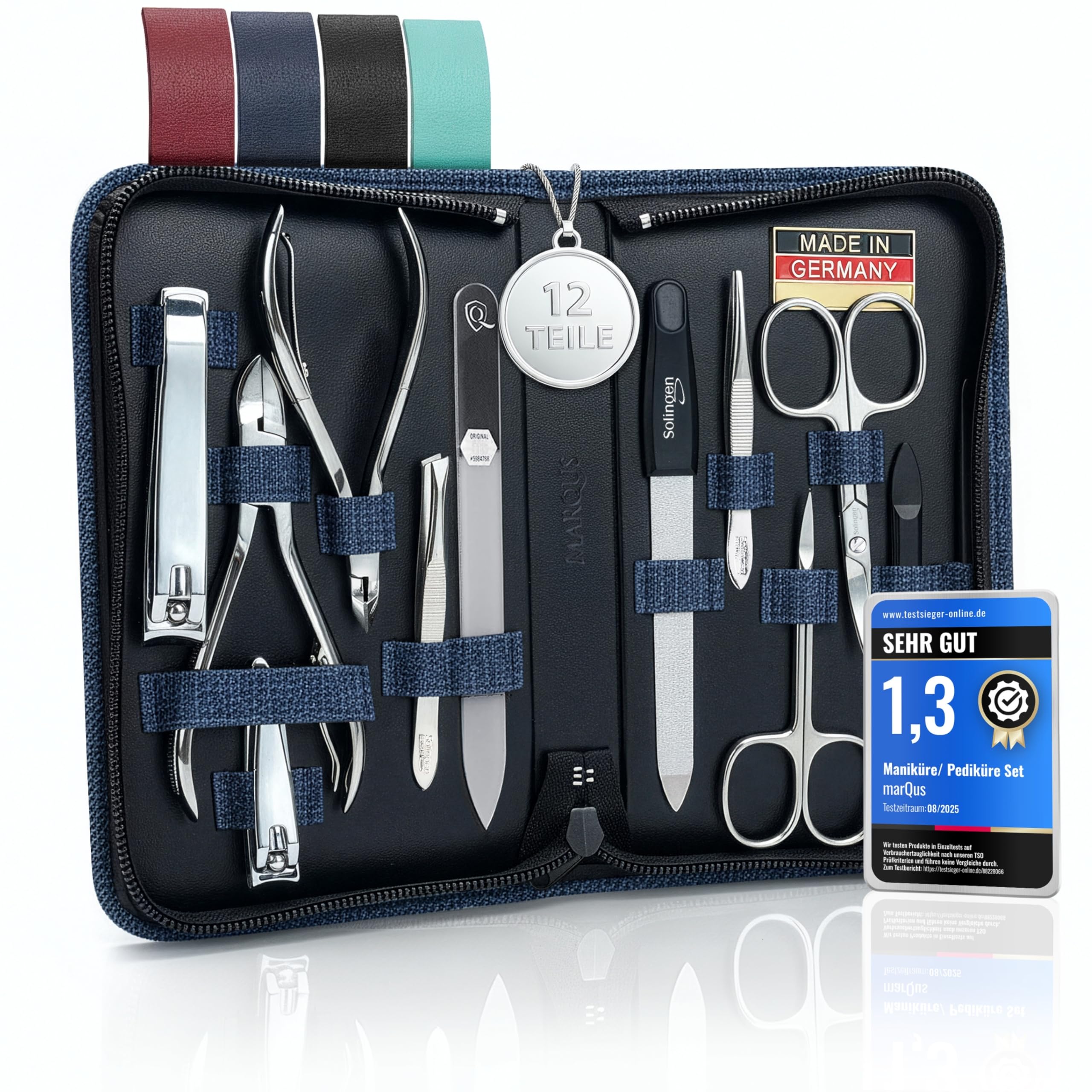 marQus Solingen Maniküre Set - 12 Teile in Kunstleder Etui handlich und weich - Komplett Kit mit allem für die Hand- und Fußpflege, Nagelset Jeans