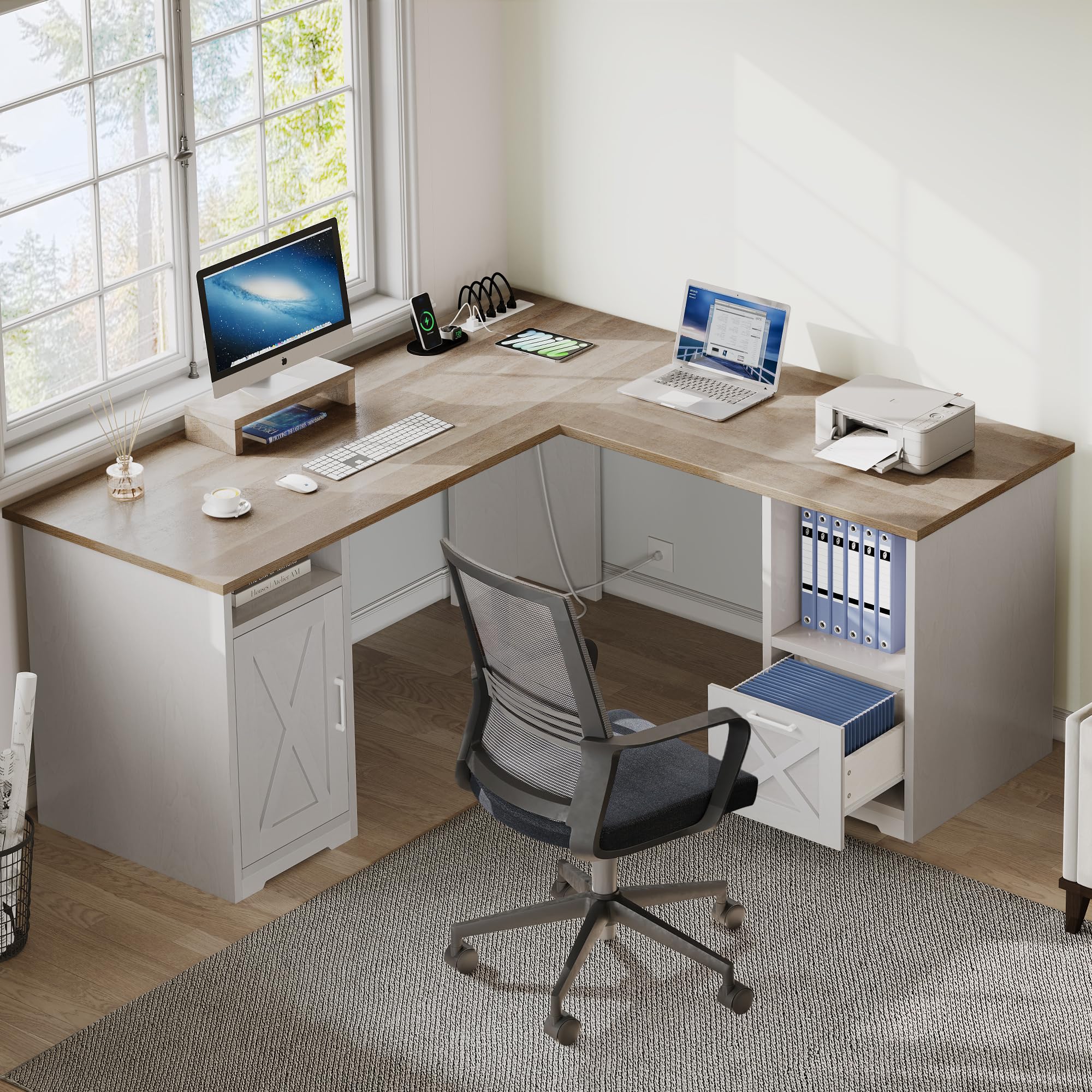 Buy DWVO L Shaped Desk with File Drawer, 60" Corner Computer Desk with