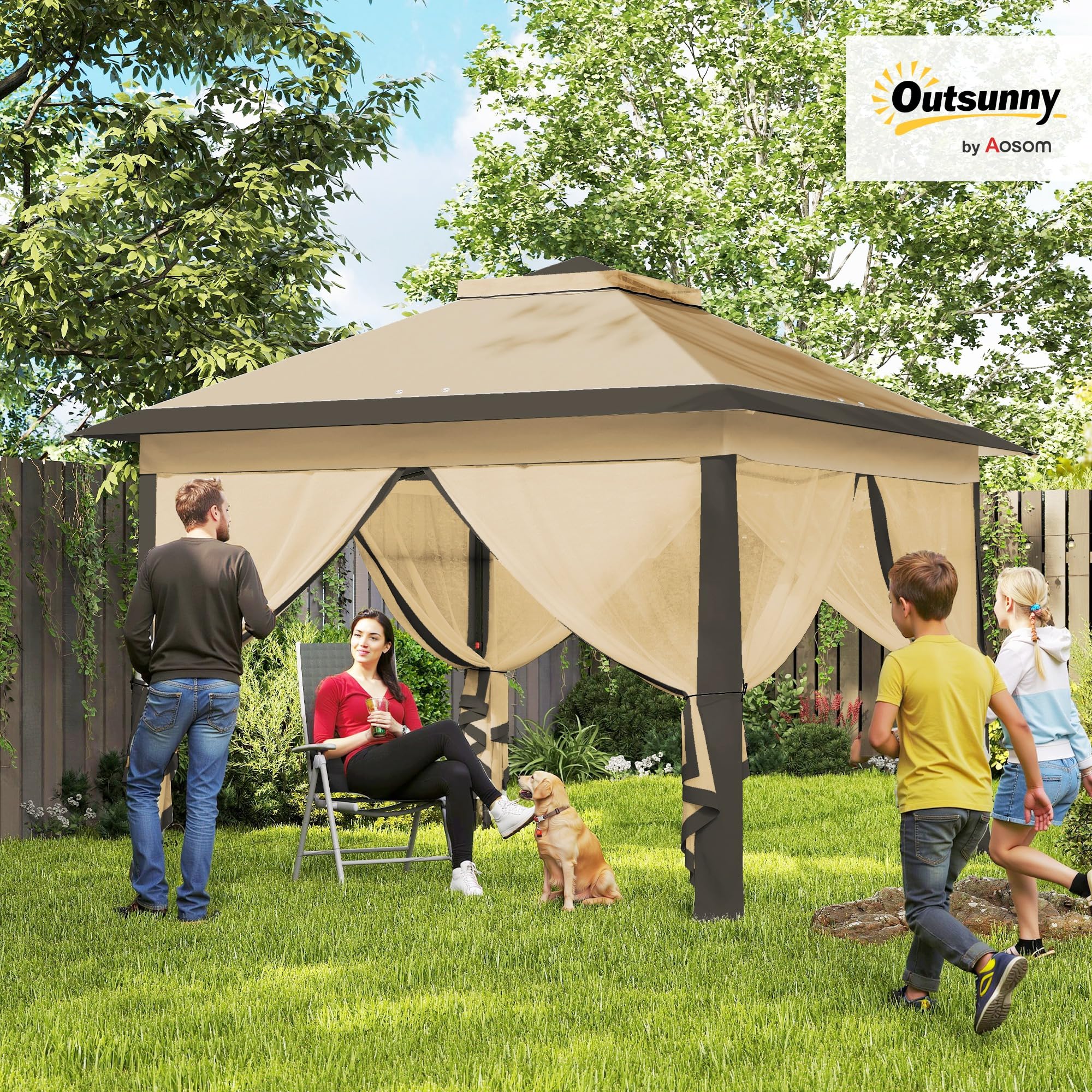 Outsunny Tonnelle Pliante Pop-up Double Toit 3,3x3,3m Beige et Marron