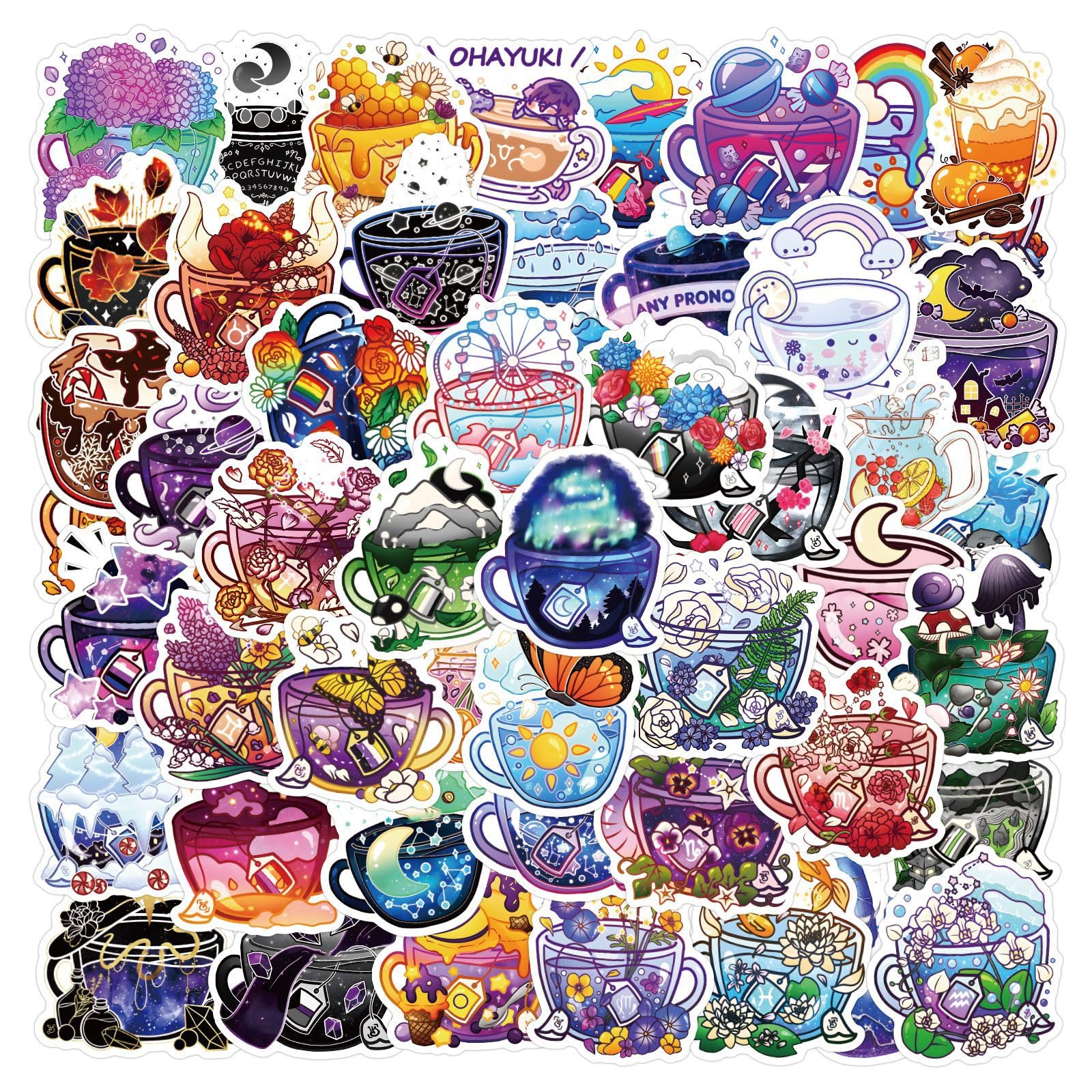 50Pcs Teacup Stickers Laptop Car Scrapbook Phone Skateboard Suitcase Luggage Bike Magic Cup Stickers Vinyl Waterproof Aesthetic Personalised Stickers for Teens Boys Girls Adults Children