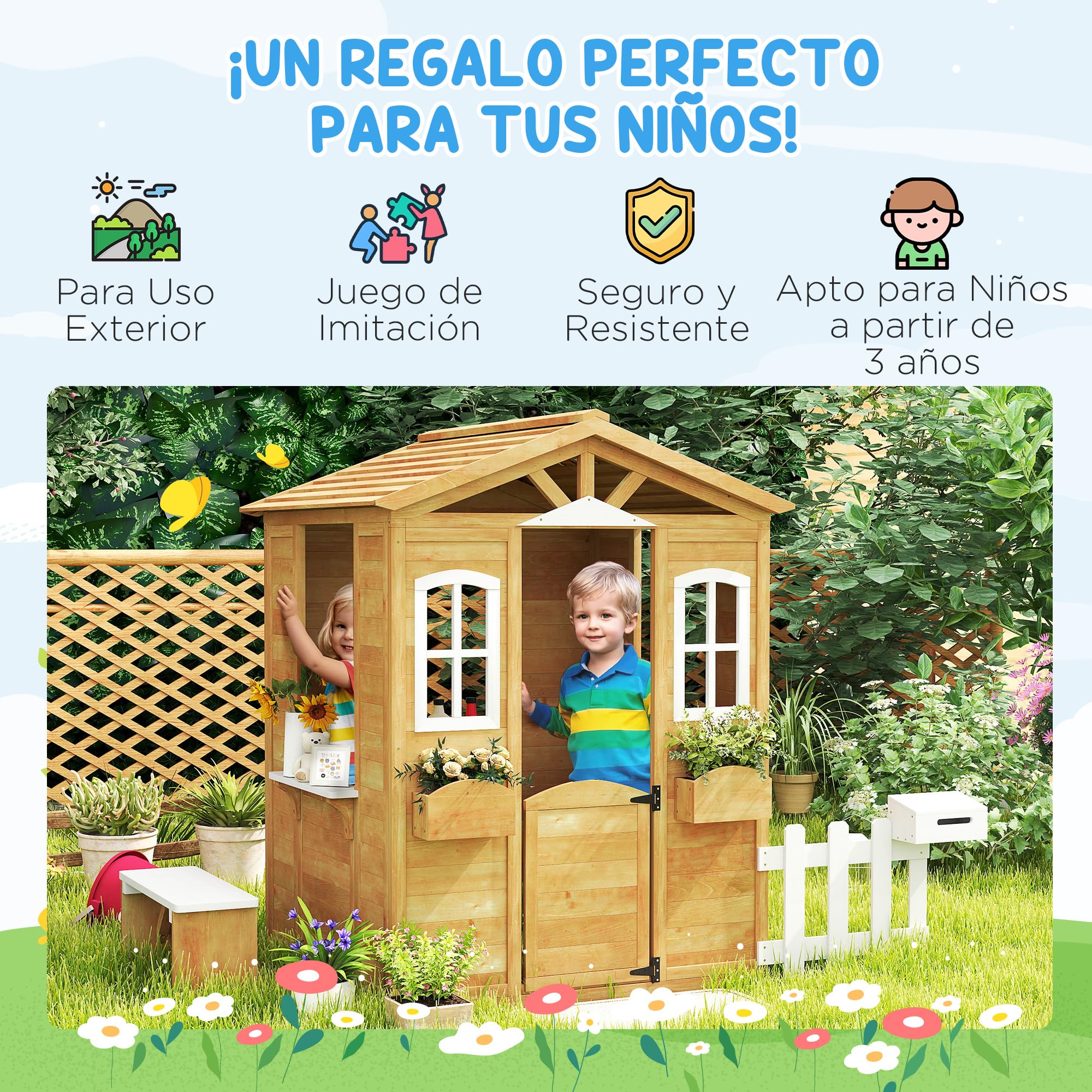 Outsunny Casita Infantil Exterior de Madera Casita Infantil de Jardín con Buzón Ventanas Jardinera Mostrador y Banco Casa de Juegos para Niños a Partir de 3 Años Natural