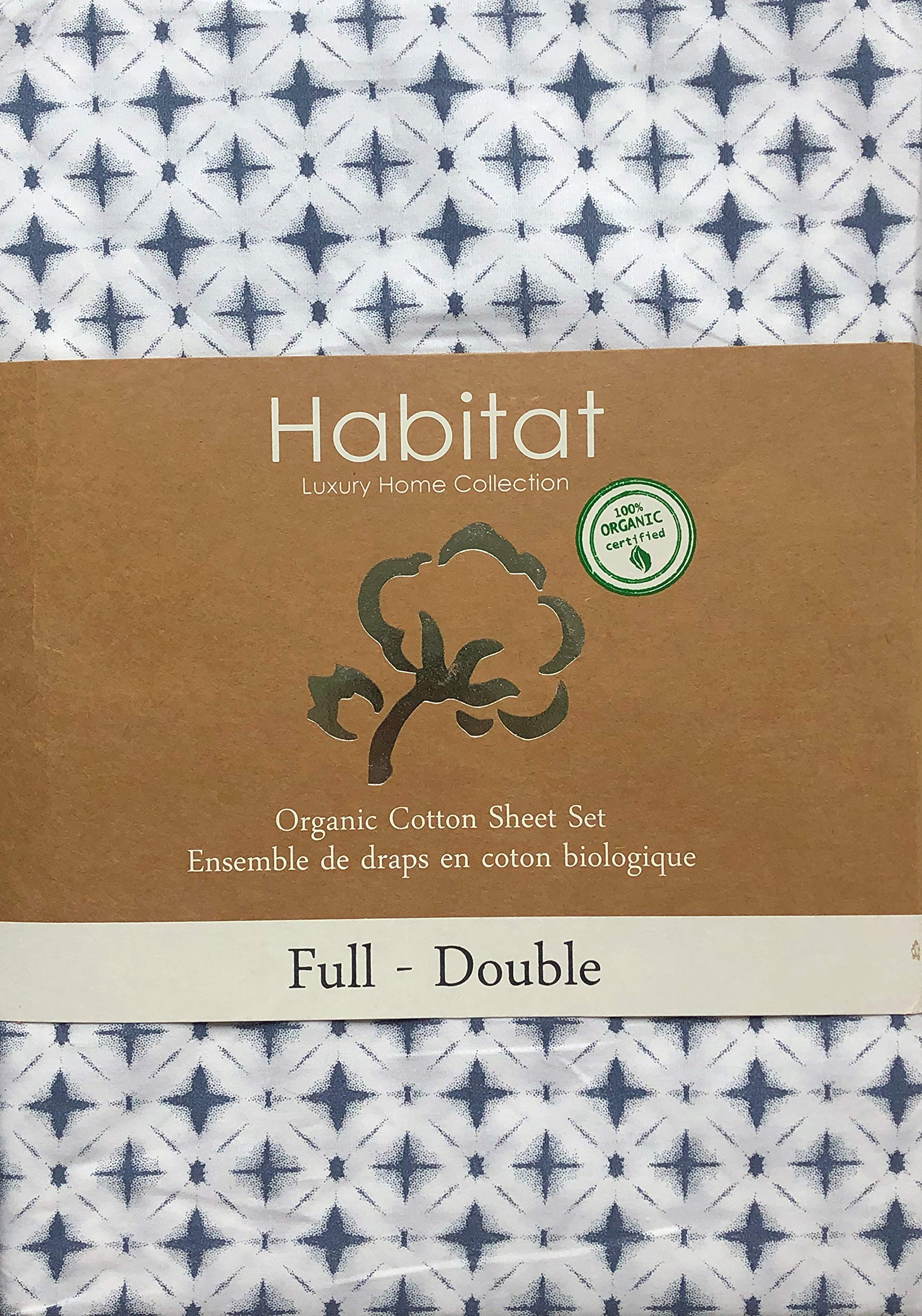 Habitat Organic Cotton 4pc Sheet Set Geometric Basket Weave Style Pattern in Indigo Blue on White, Luxury Fine Linens (Full)
