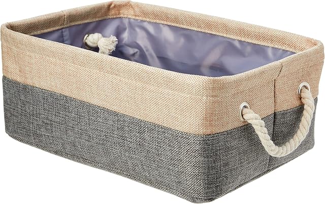 Amazon Basics Linen Storage Basket with Handles, Small,Beige/Gray