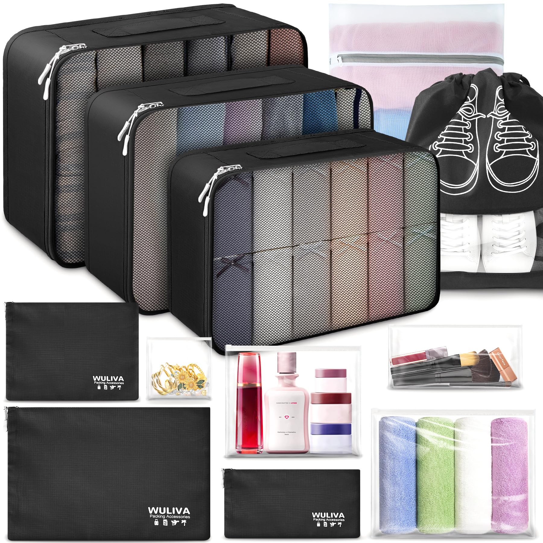 ALL INCLUDED - 12 Set Packing Cubes for Suitcases Carry On, Travel Essentials/Accessories Luggage Organizer Bags Set, Includes Cubes, Shoes bag, Cosmetic bag, Laundry bag