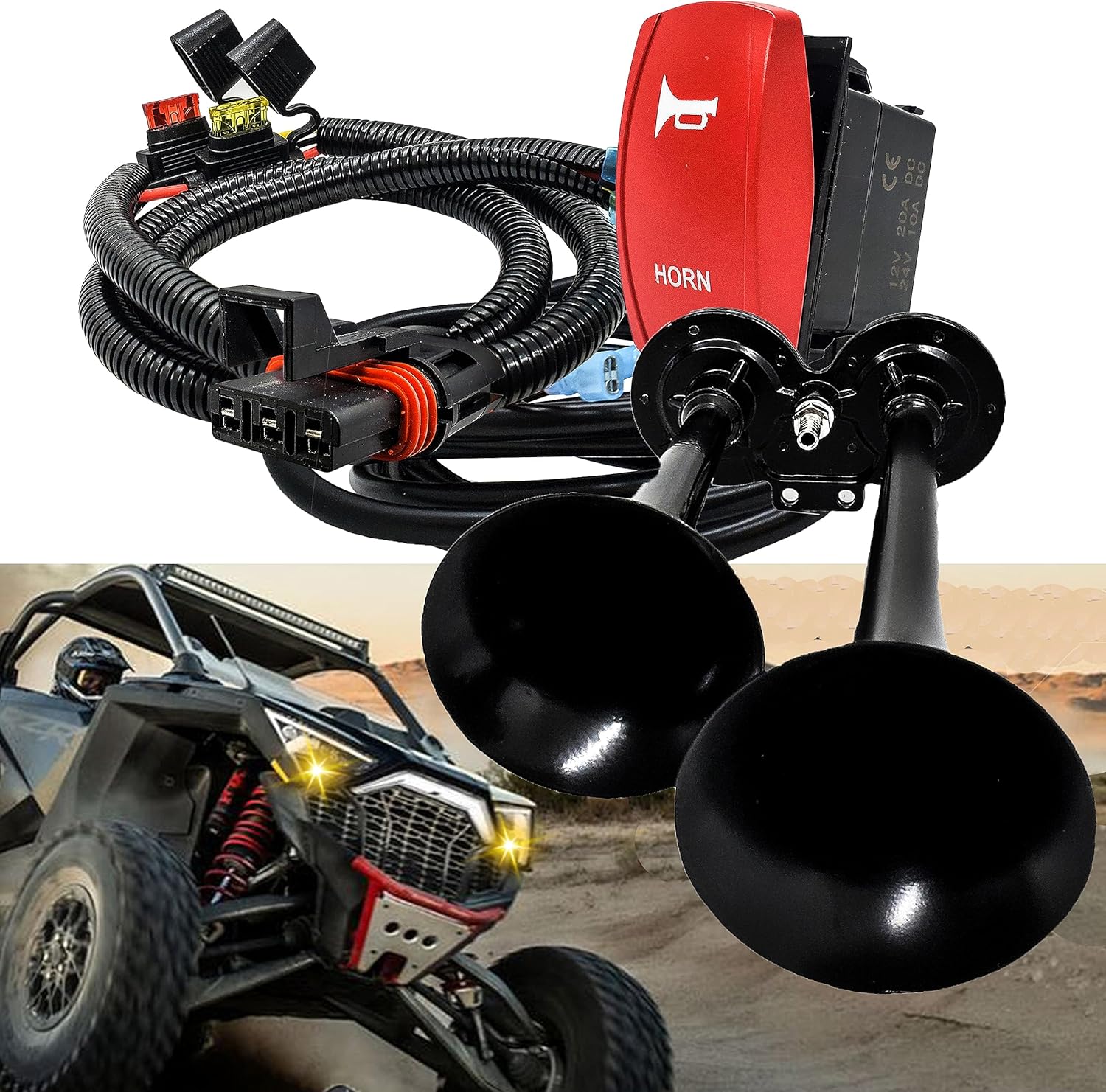 Air Horn Dual Trumpet with Power Bus Bar Plug Wiring Harness Kit Compatible with Polaris Pulse Power Bus Bar RZR Turbo R Pro Ranger Crew Trail S 900/1000 XPEDITION XP ADV 2018-2026