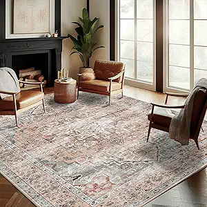 Washable Area Rug 10'x14' Light Cyan and Light red Retro Flowers Boho Design Non-Shedding Easy Care Ideal for High Traffic Areas in Living Room Bedroom Office Kitchen Large Carpet