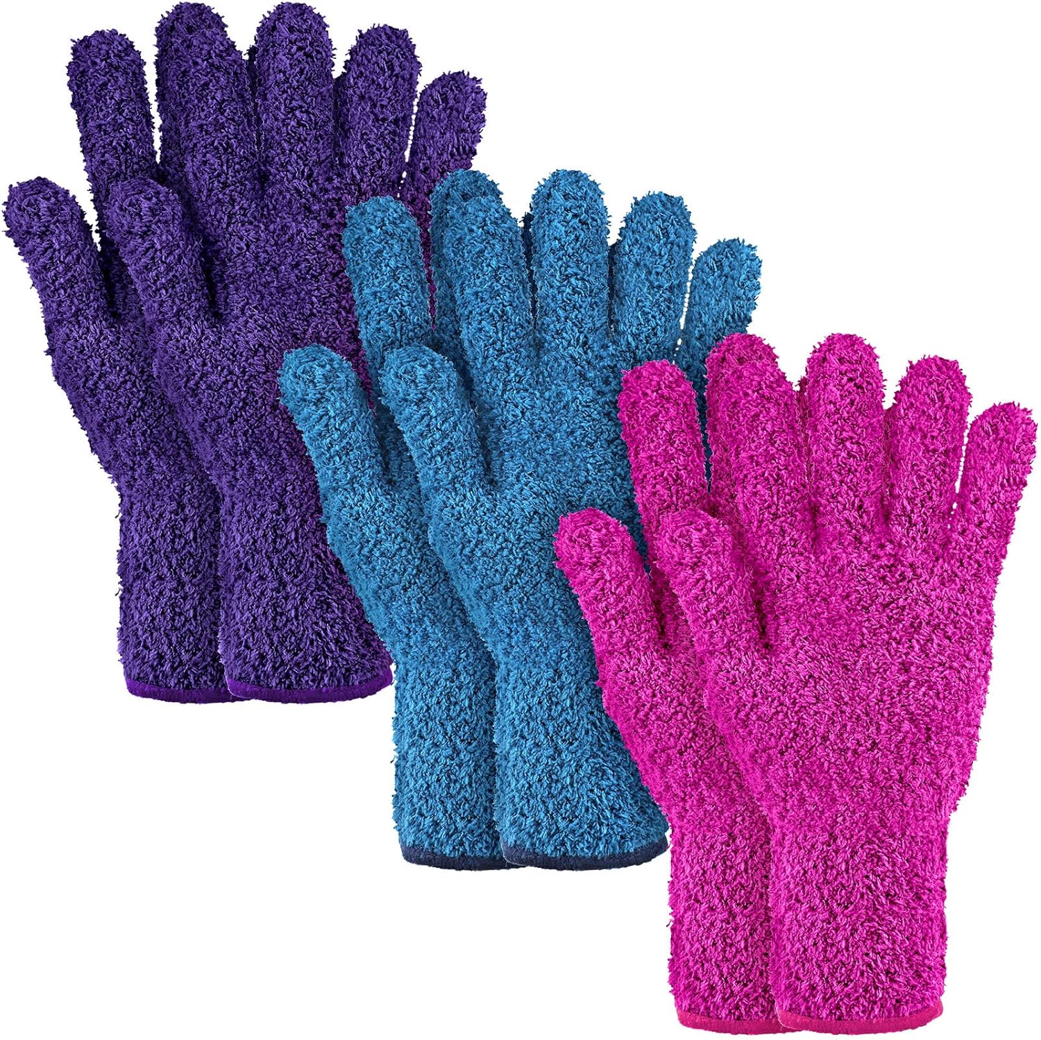 Bencailor 3 Pairs Microfiber Gloves Dusting Cleaning Gloves Plants Gloves Lengthen Thicken Cleaning Gloves Mitt for Blind(Purple, Blue, Rose Red)