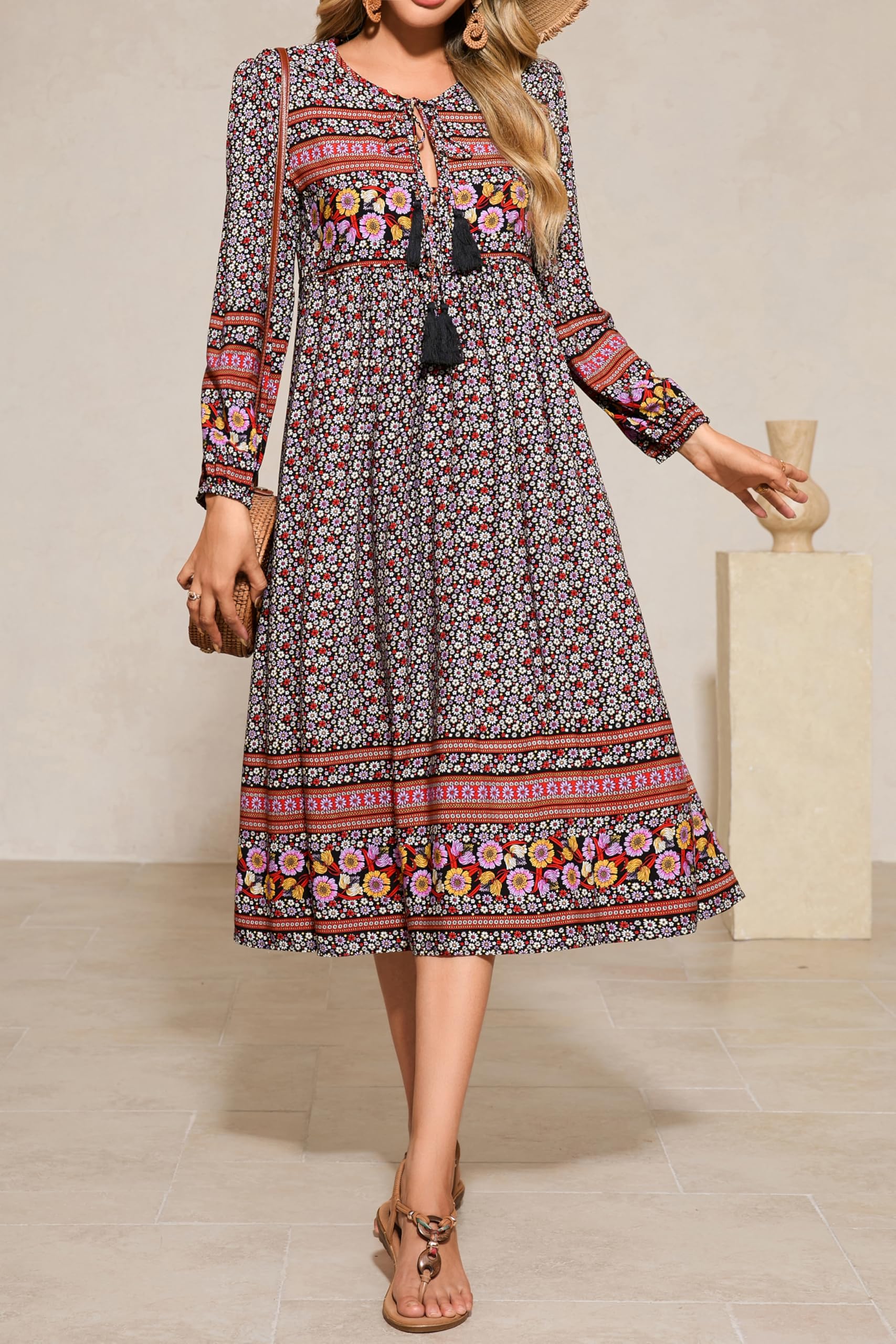 R.Vivimos Elegante Casual Mujer Bohemio Vestido Largo Estampado Corbata Manga Larga Vestido de Midi de Playa Vestido de Vacaciones
