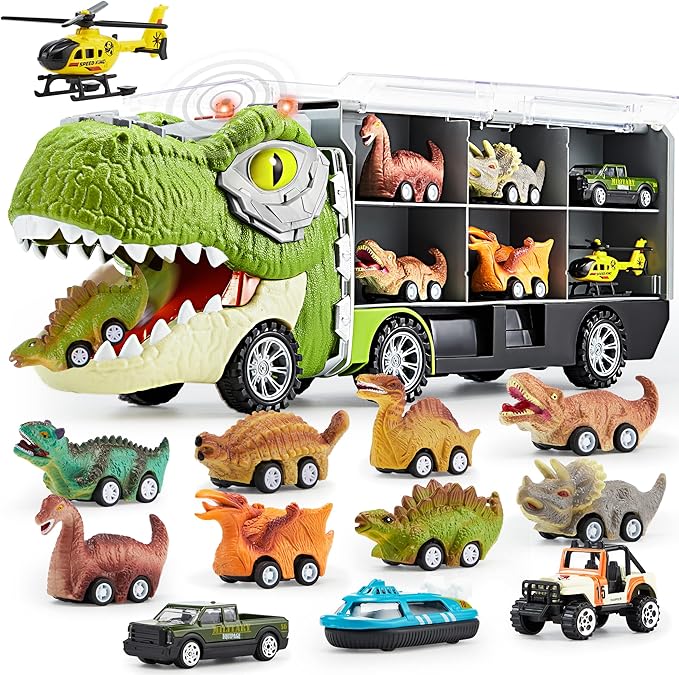 JOYIN 13 in 1 Dinosaur Truck for Kids, with 12 Pull Back Dinosaur Car Vehicles, 1