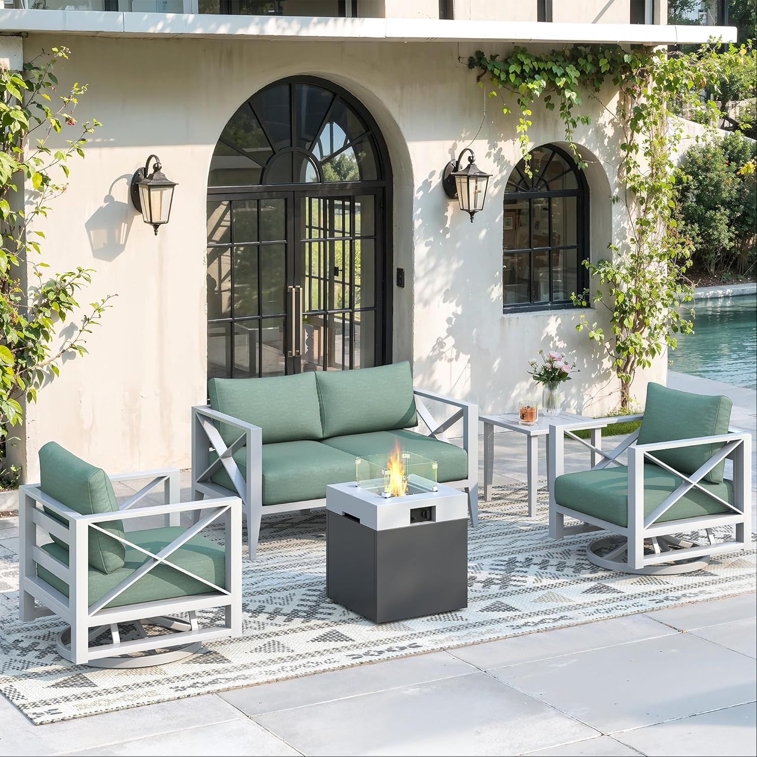 Aluminum Outdoor Patio Furniture Set with 5.2" Thick Cushions, 5-Piece Outdoor Sectional with Swivel Chairs & Fire Pit Table, Patio Conversation Sets for Backyard,(White,4 Seats)