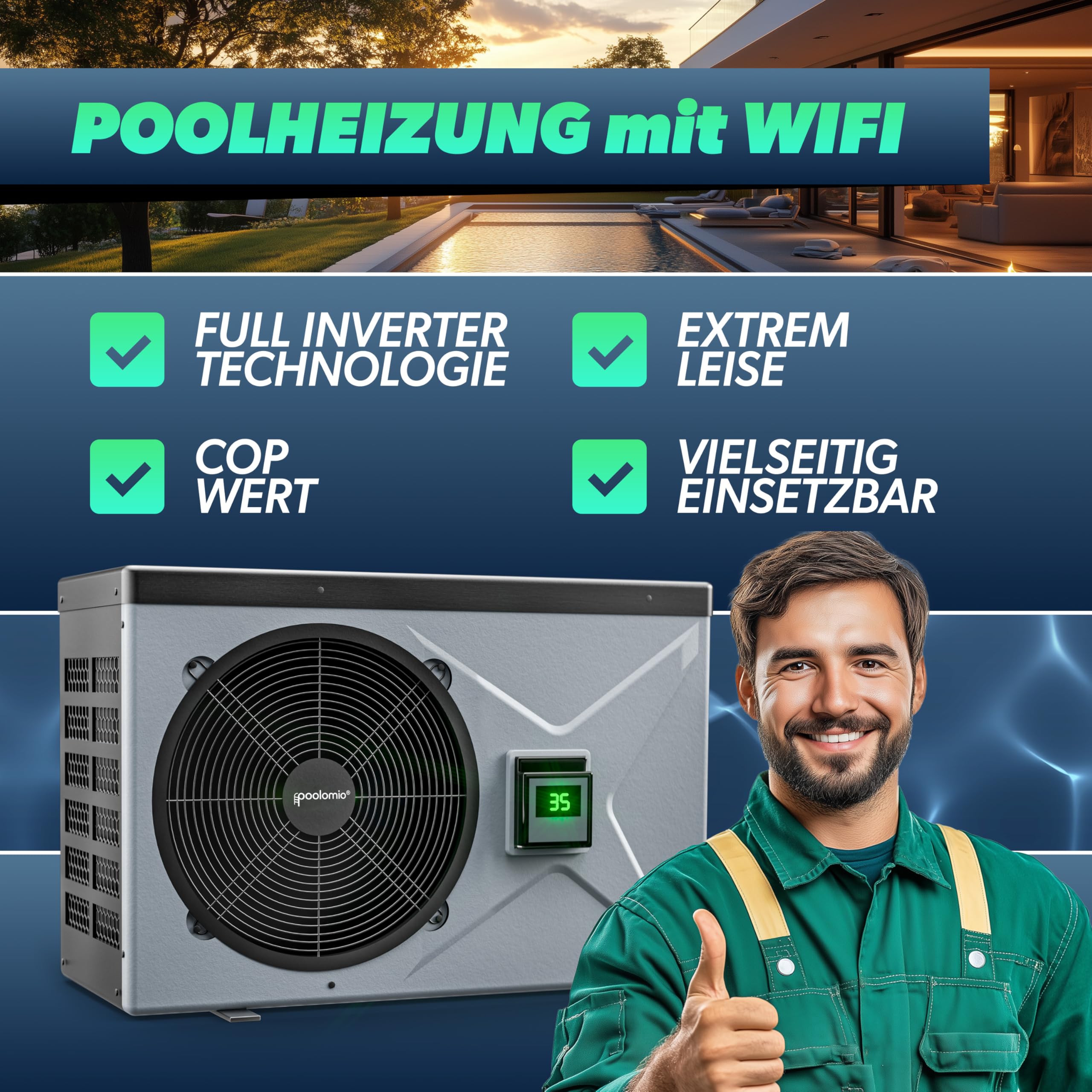 Poolomio Pompe à Chaleur Pour Piscine 80-110 M³ - Pompe à Chaleur