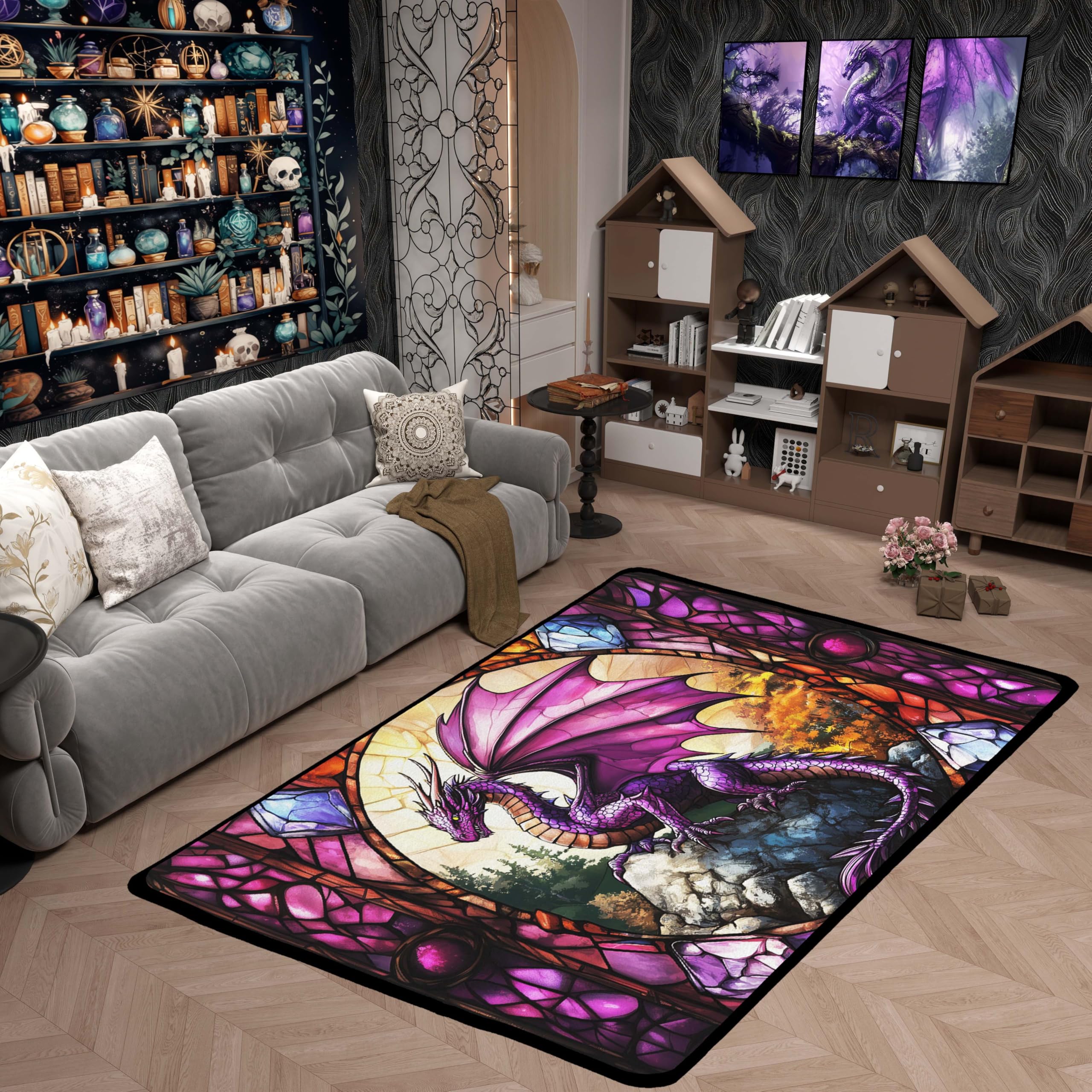 Tapis de bain tendance unique dragon violet, tapis de sol féerique sapins pour enfants