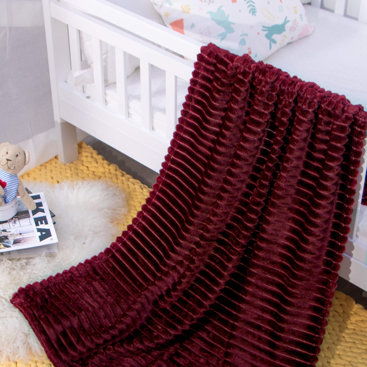 NTBAY Flannel Fuzzy Toddler Blanket, Fluffy Warm and Lightweight Reversible Stripes Design Baby Plush Blanket, 30x40 Inches, Wine Red - Image 5