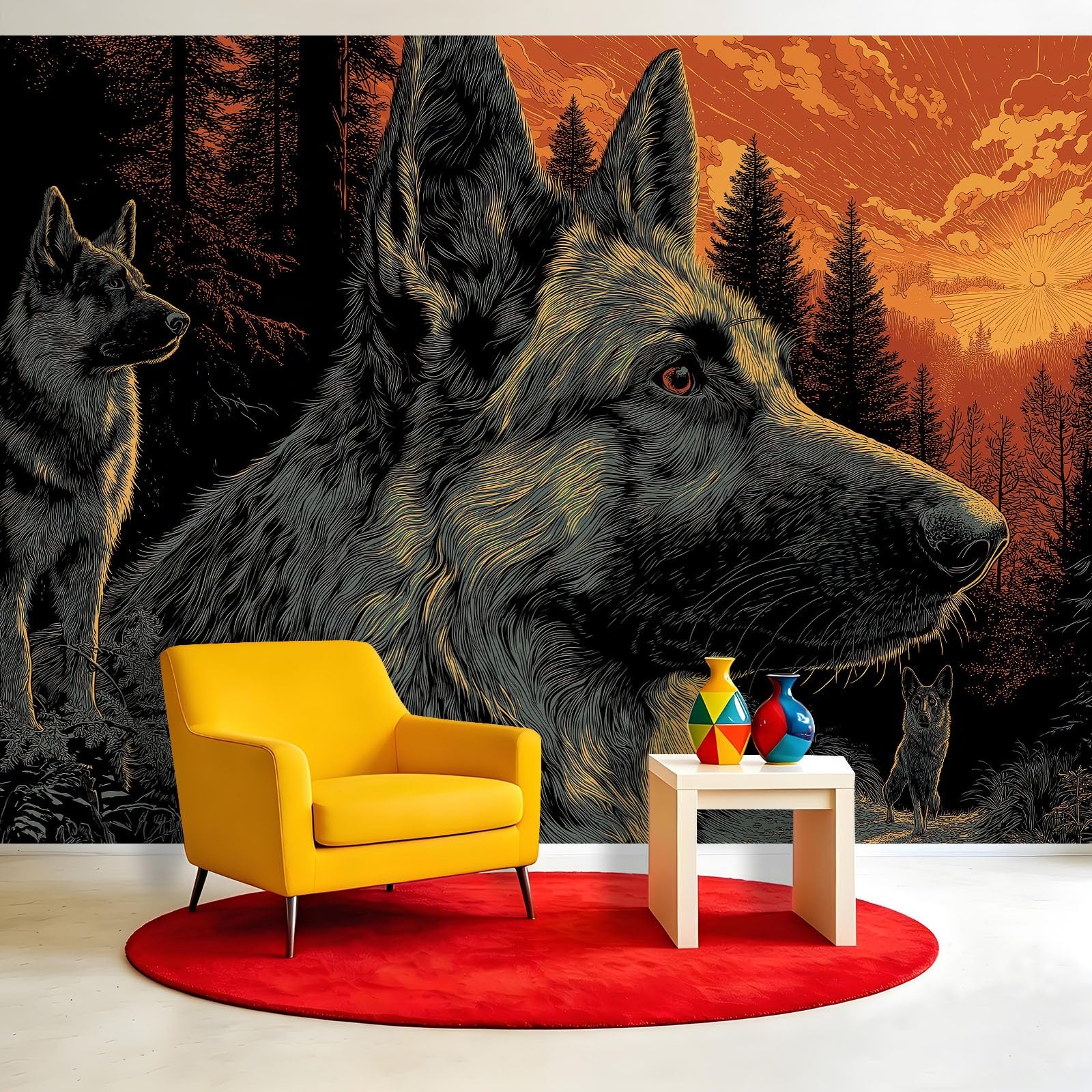 Panoramiczna tapeta z włókniny natura las zwierzęta, 350 x 256 cm, tapeta z włókniny, dekoracja do salonu i sypialni, efekt 3D, owczarek niemiecki wilk sosnowy zachód słońca