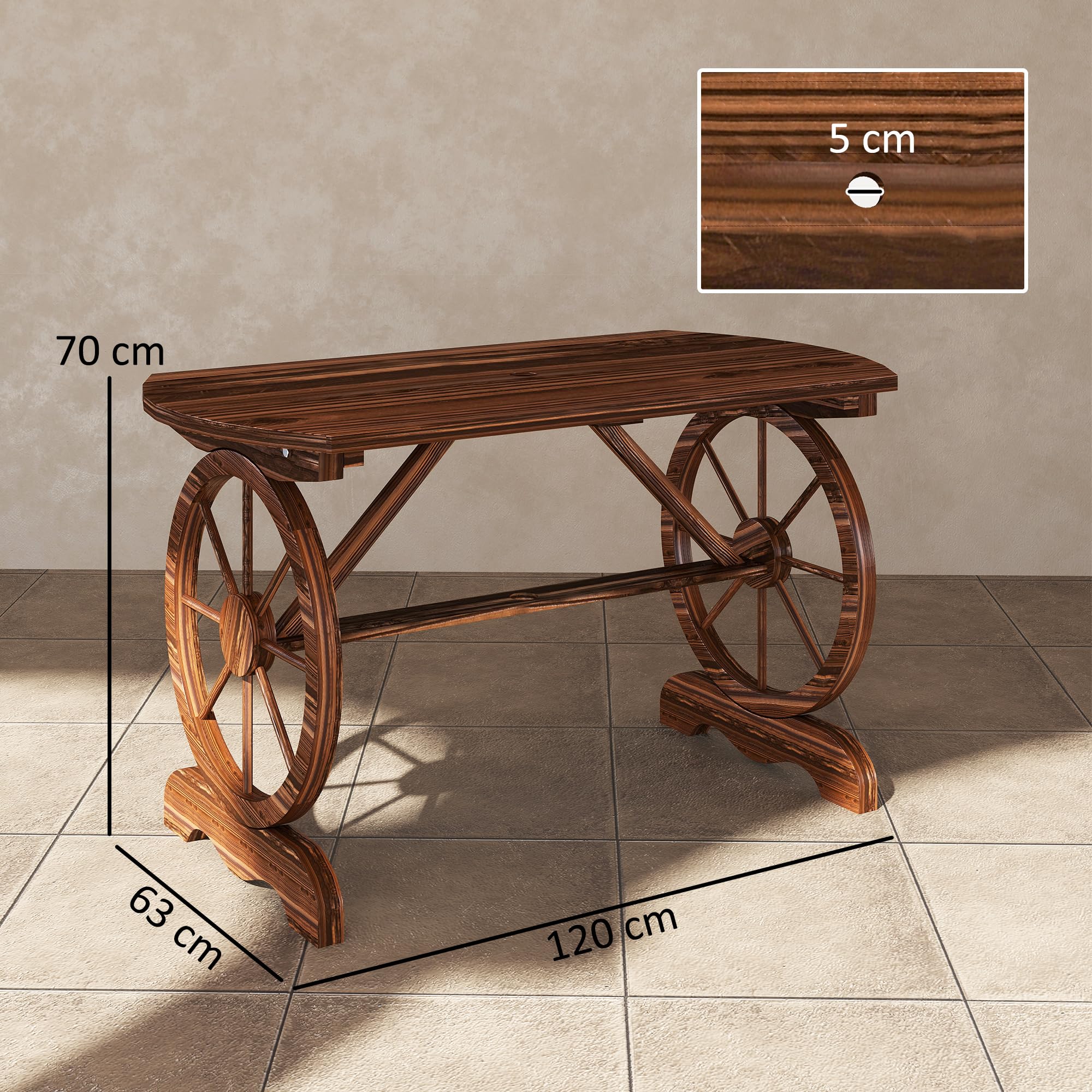 Outsunny Mesa de Jardín de Madera Mesa de Terraza Exterior 120x63x70 cm con Patas en Forma de Rueda Orificio para Sombrilla y Diseño de Listones Carga 50 kg para Patio Madera Carbonizada