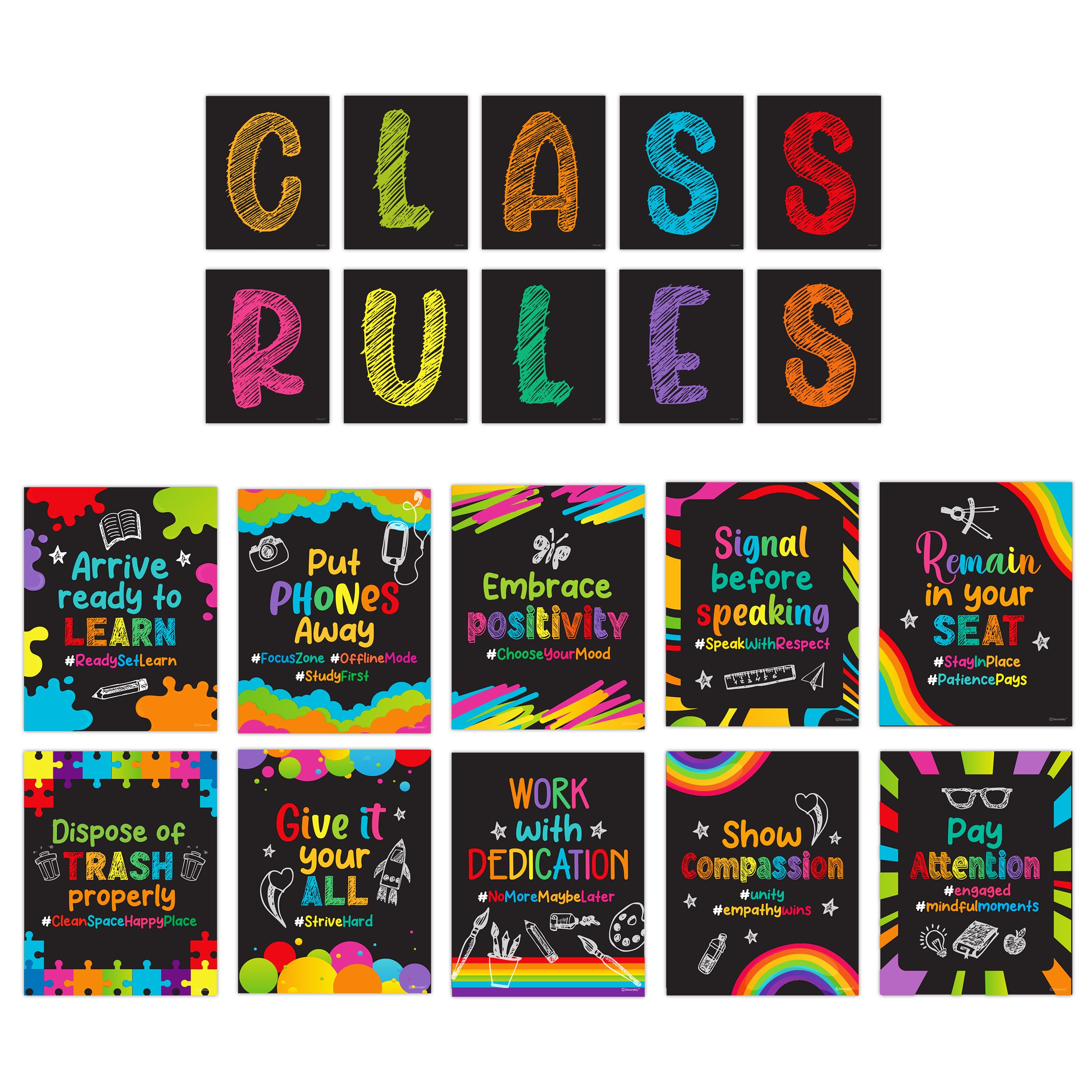 Decorably 20 Chalkboard Classroom Rules Posters, Inspirational, Matte-Laminated School Banner Decor - for School Hallways, Bulletin Boards. Library