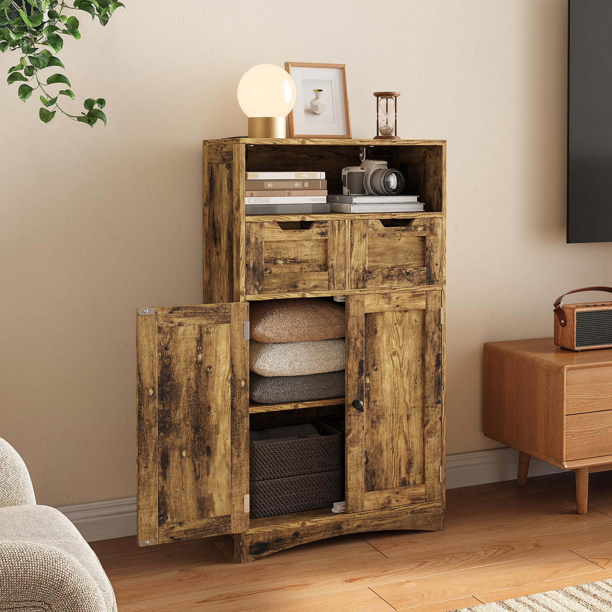 Bealife Armoire Salle de Bain, Armoire de Rangement avec 2 Tiroirs, Étagère Réglable et 2 Portes, Meuble Rangement pour Salon, Chambre, 60x30x108 cm, Rétro