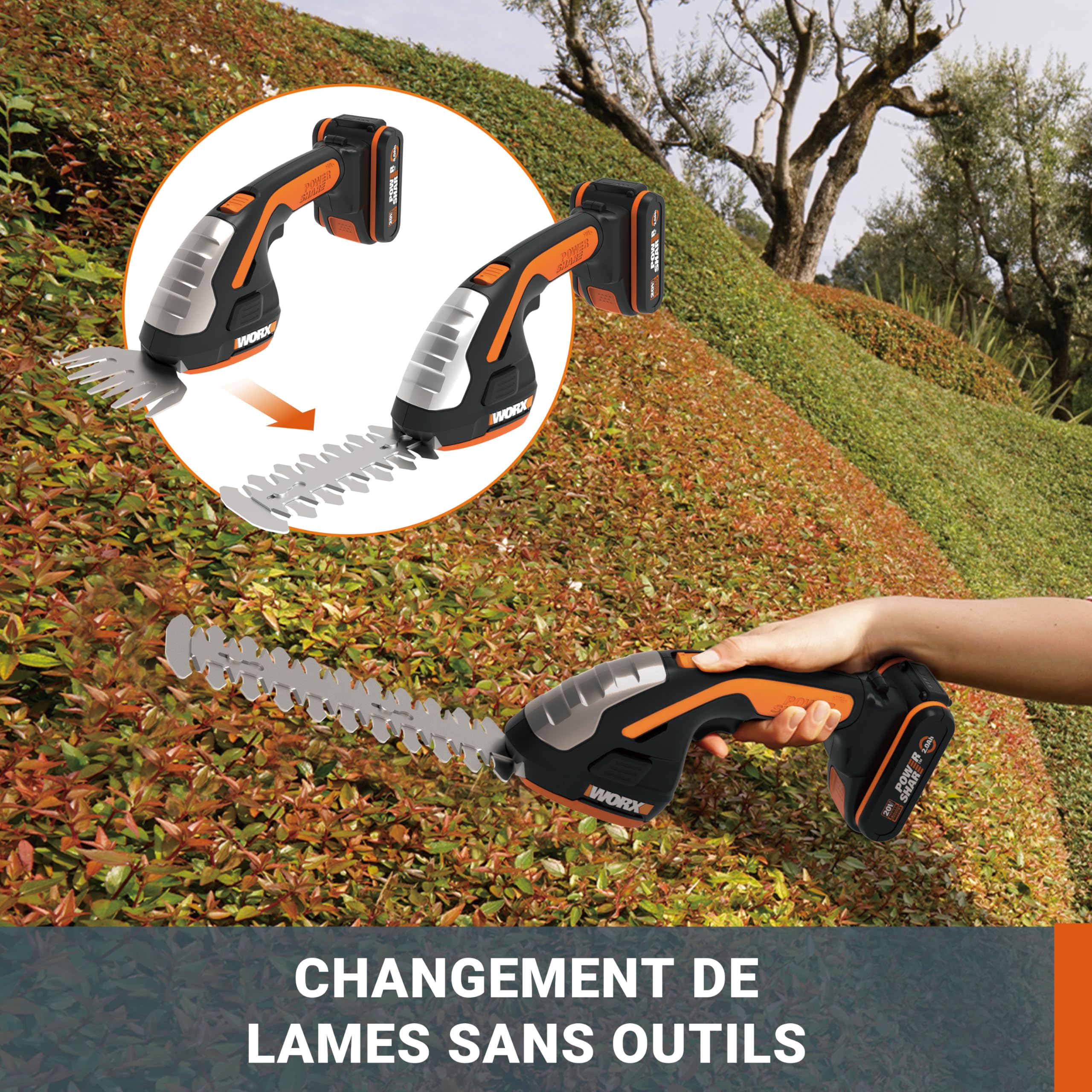 WORX Set Sculpte-Haies et Taille-Herbes sans Fil 20V WG801E.9, Taille-Haies 3 en 1, Set de 3 Lames avec malette de Transport, livré sans Batterie ni Chargeur - 3