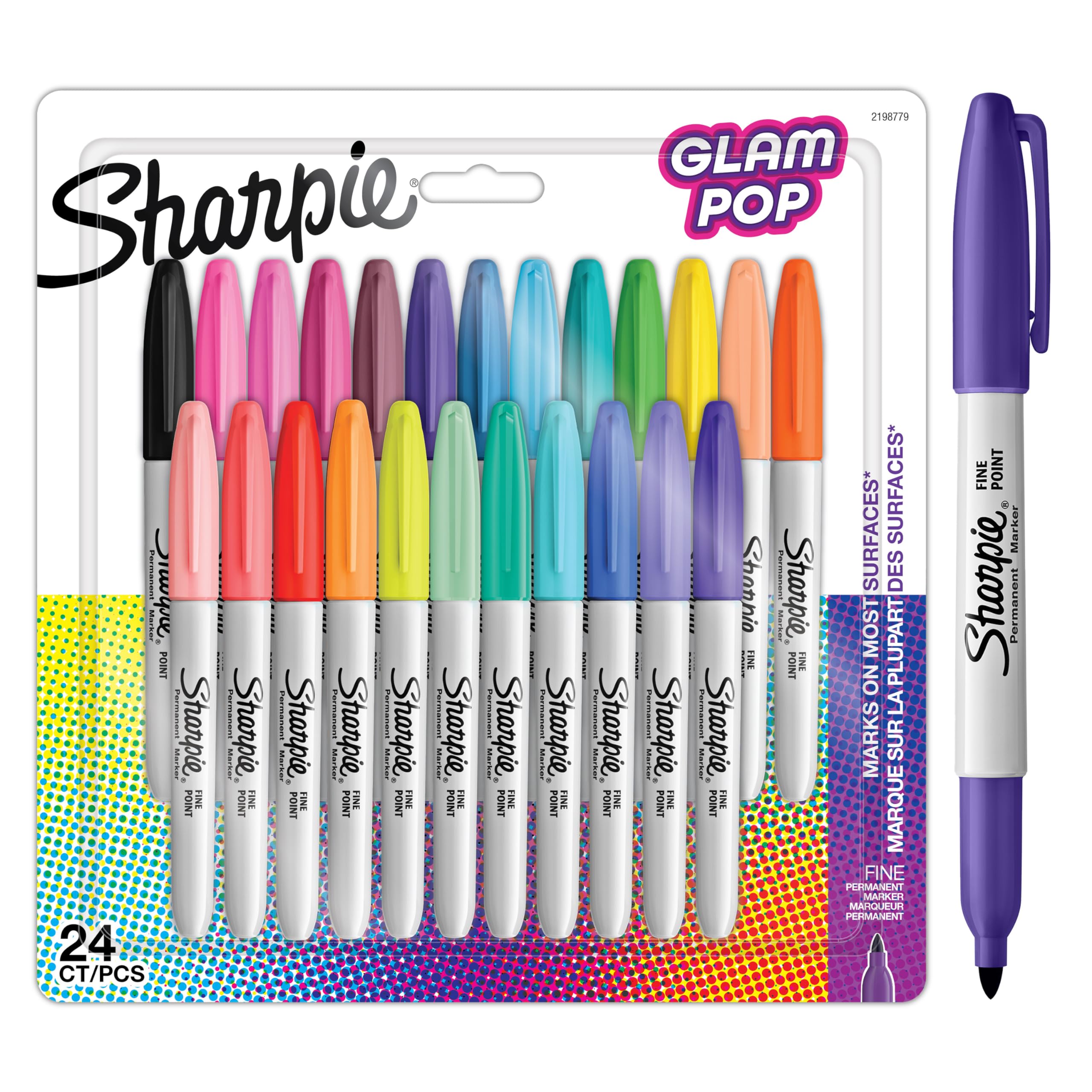 Rotuladores permanentes Sharpie Glam Pop | Punta fina para detalles en negrita | Colores surtidos | 24 rotuladores