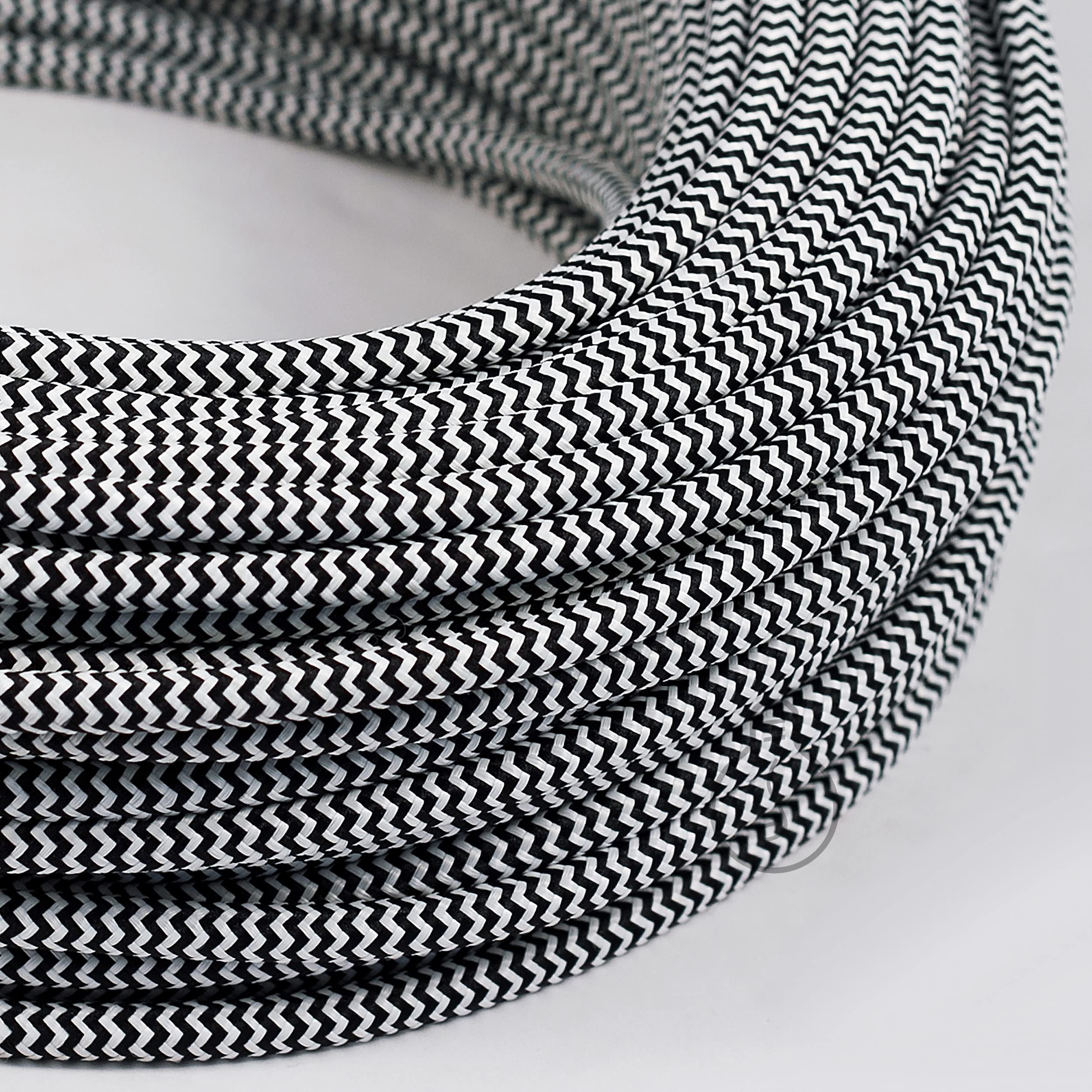 Amarcords - Electric cable textile color WHITE-BLACK ZIG-ZAG, round, silk, 30 meters, with grounding 3x0,75mm - Thread covered in vintage colored fabric for lamps chandeliers wall lamp and abat jour.
