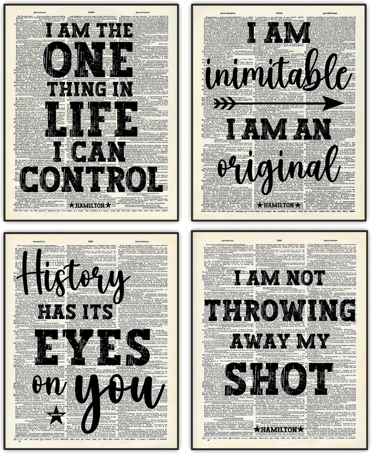 Hamilton Musical Motivational Wall Art, Inspirational Quote, Back to School Classroom Home Office Wall Decor, Dictionary Art Prints, Set of 4 UNFRAMED Prints 11"x14"